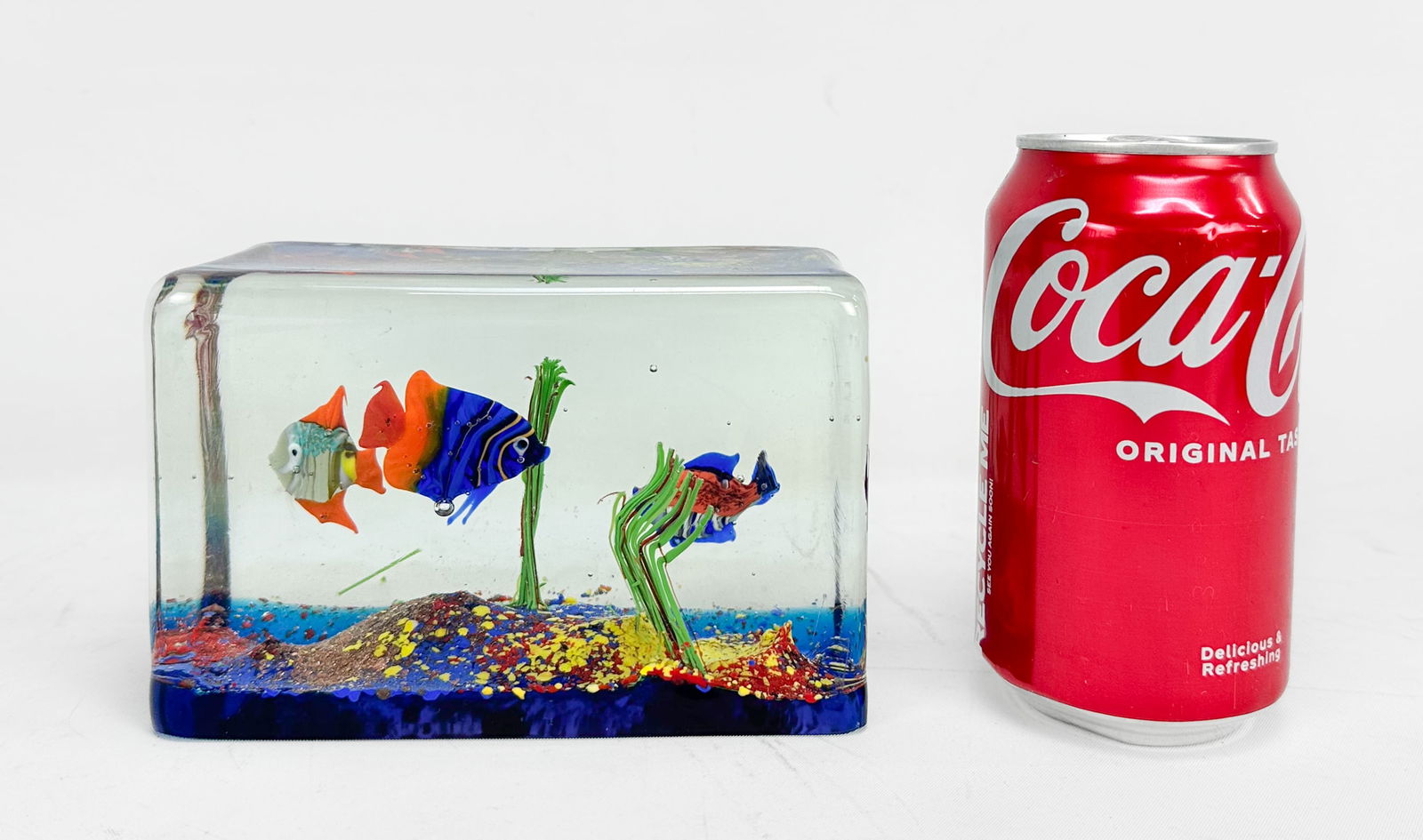 Murano Aquarium Art Glass Fish Block Italian Rectangular Paperweight Sculpture - 2