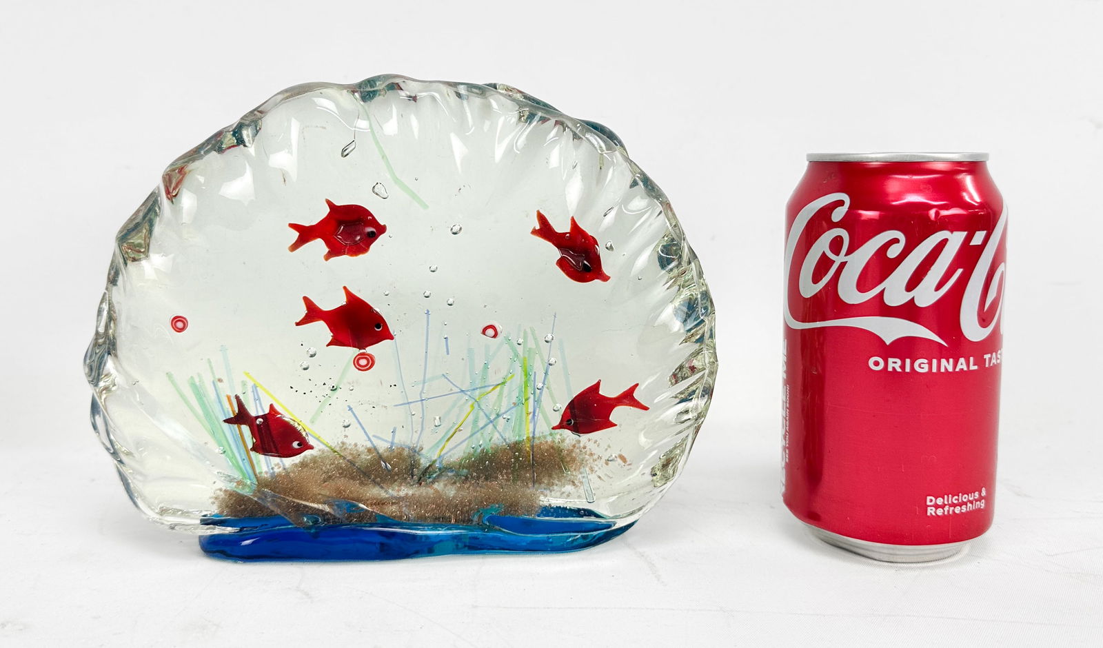 Murano Aquarium Art Glass Clamshell-Shaped Fish Block Sculpture Oversized Paperweight - 2