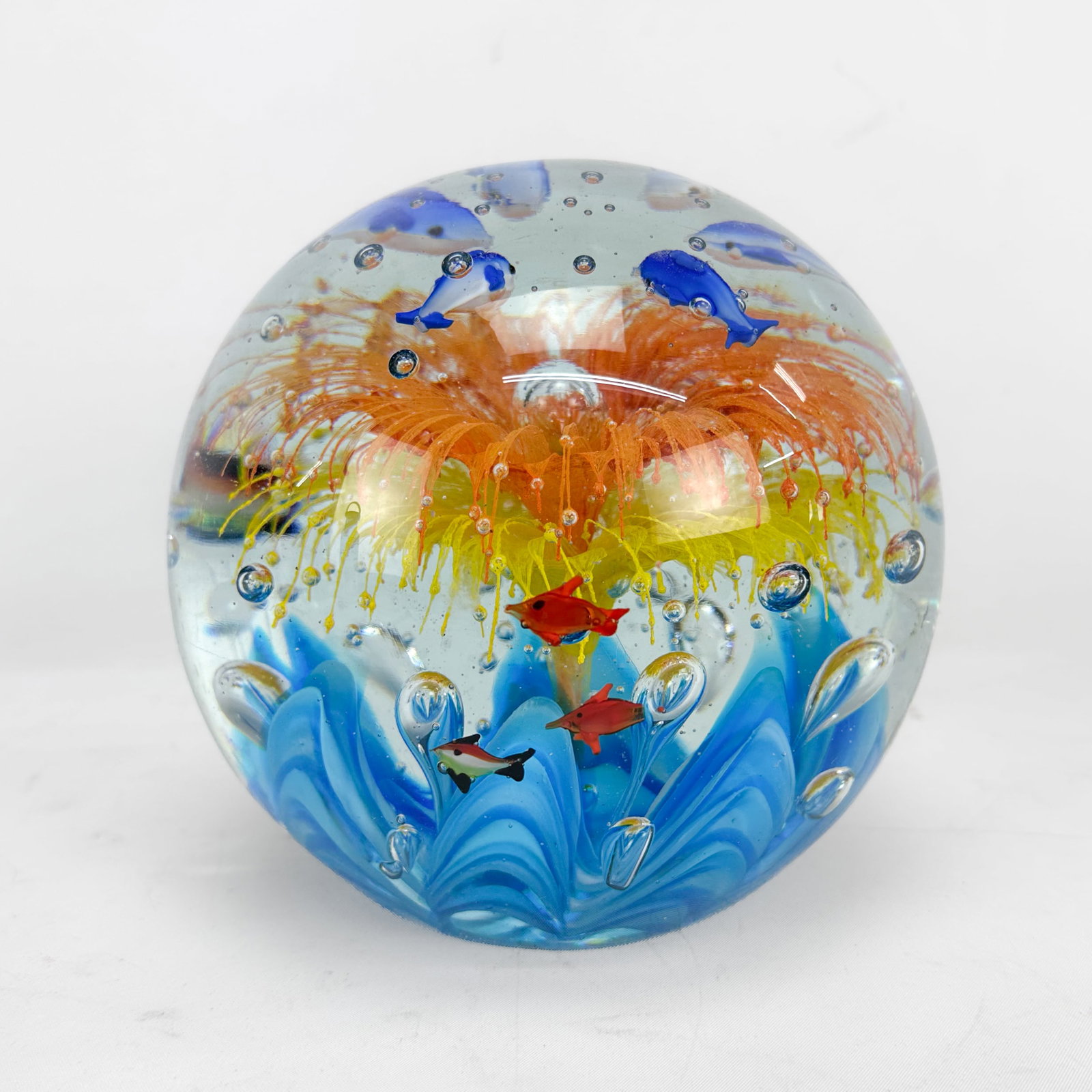 Murano Art Glass Dolphins and Fish Anemone Big Ball Sculpture Oversized Fish Block Paperweight - 4