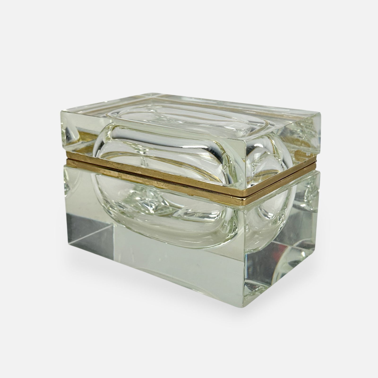 Moser Style Modernist Design Solid Block Clear Glass Heavy Lidded Box w/Brass Fittings (1 of 7)