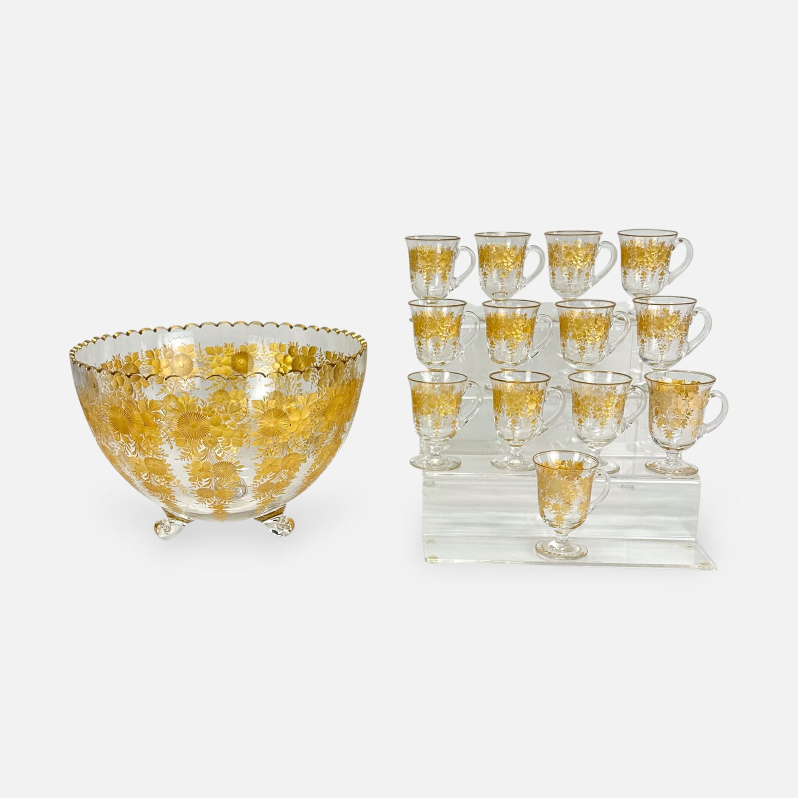 Moser Floral Cut Bohemian Glass Scalloped-Rim Gilt-Gold Decorated Punch Bowl w/13 Cups: Ca. late 19th to early 20thC. Unsigned, attributed to Moser. Good, with some gilt rubs. No chips, cracks, or repairs. Cups measure approx. 4 1/4" x 3 1/4" x 2 3/4". Punch bowl measurements included in