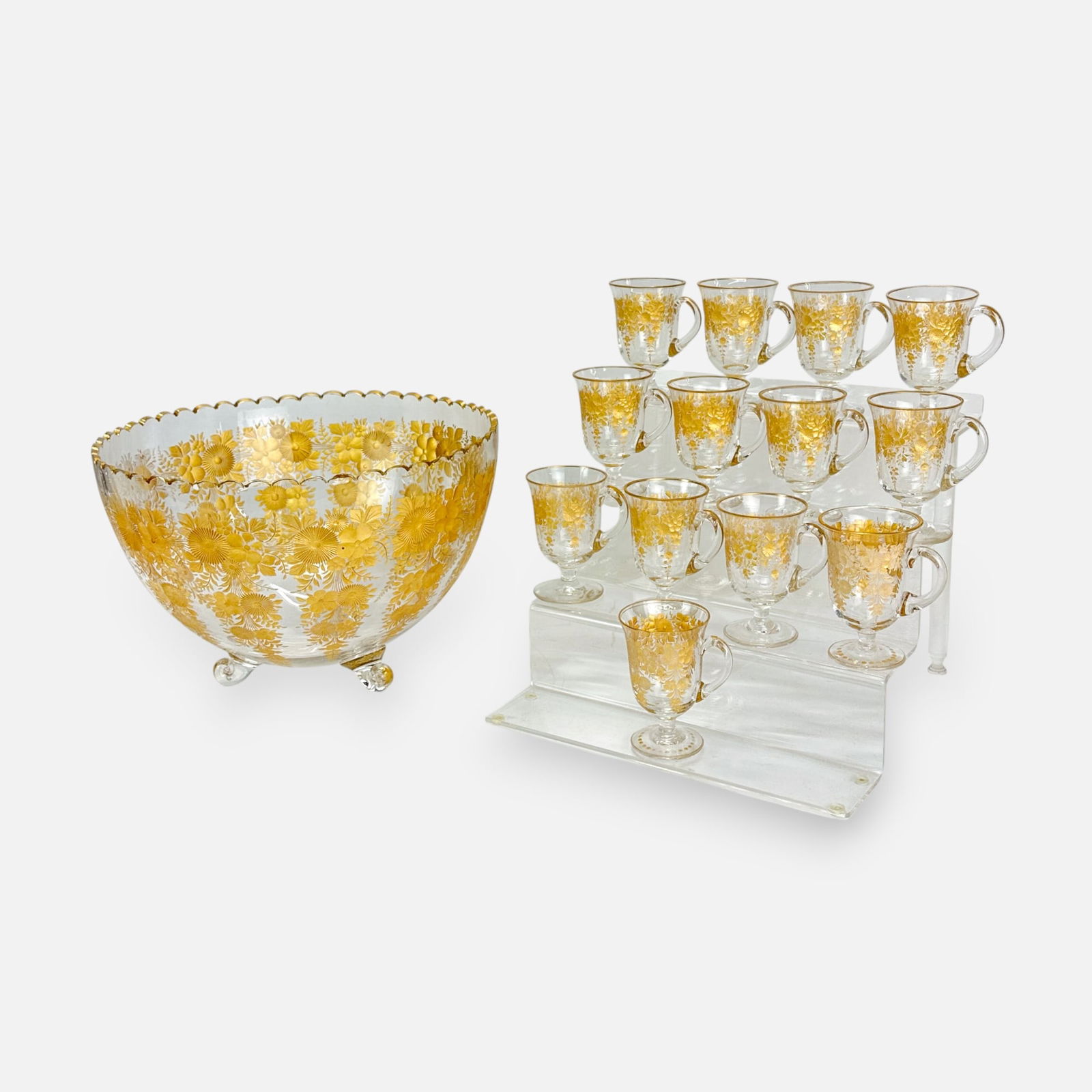 Moser Floral Cut Bohemian Glass Scalloped-Rim Gilt-Gold Decorated Punch Bowl w/13 Cups - 2