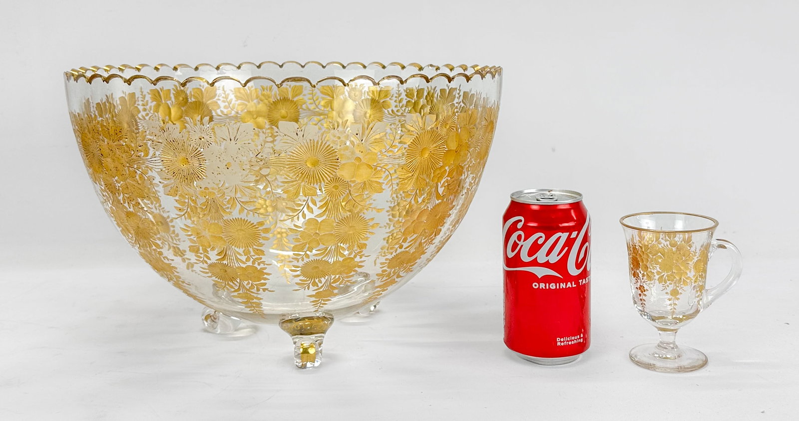 Moser Floral Cut Bohemian Glass Scalloped-Rim Gilt-Gold Decorated Punch Bowl w/13 Cups - 6