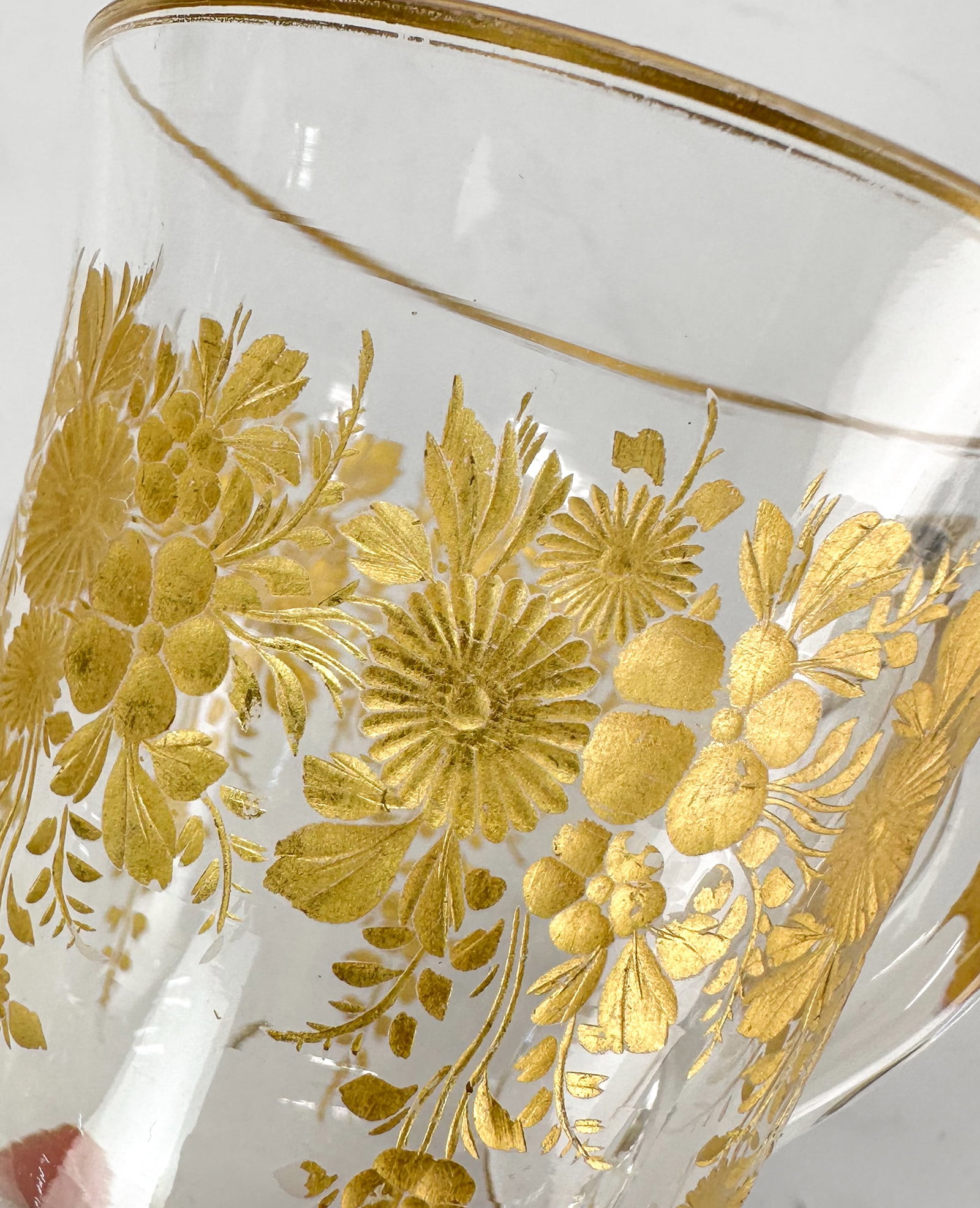 Moser Floral Cut Bohemian Glass Scalloped-Rim Gilt-Gold Decorated Punch Bowl w/13 Cups - 9