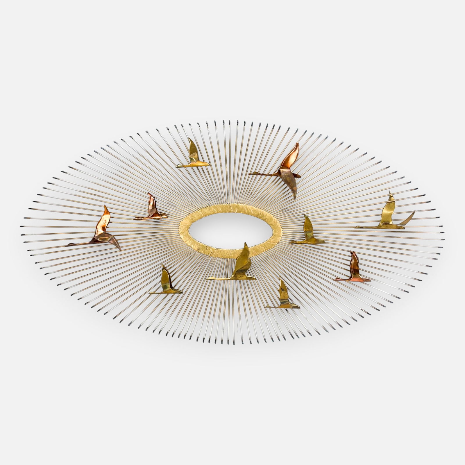 Friedle Brothers Canada Geese in Flight Brass Sunburst Wall Sculpture: Ca. 1960s. Good condition as shown.For shipping, we highly recommend Donald Camden at UPS Store 4608. Alternatively, reach out to one of our preferred shippers listed at the link below or elect for Li