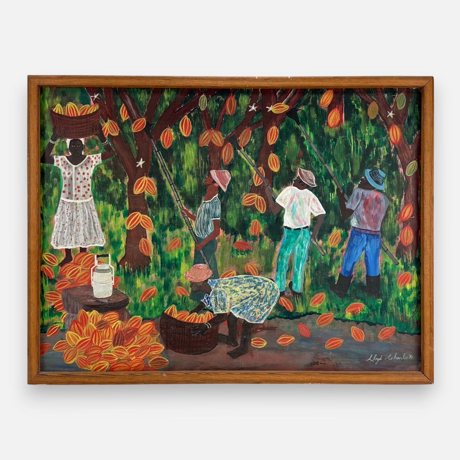 Lloyd Charles 1970 Cacao Farmer Caribbean Folk Art Acrylic on Board Painting Framed: Signed "Lloyd Charles" and dated 1970 lower right. Good overall, with some minor scuffs and scratches.For shipping, we highly recommend Donald Camden at UPS Store 4608. Alternatively, reach out to one