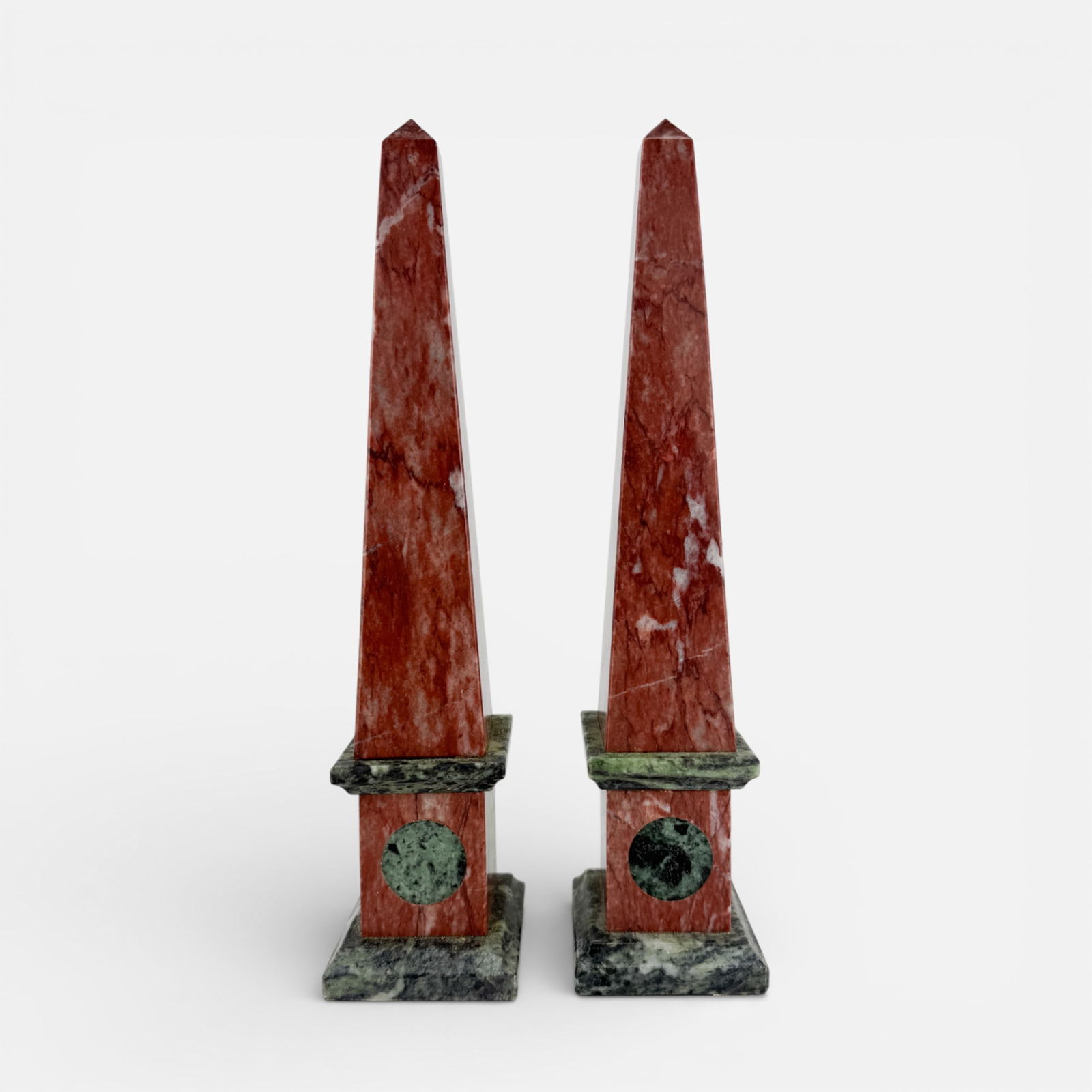 Pair Contemporary 20thC Carved Rouge Red & Green Marble Table Obelisks (1 of 7)
