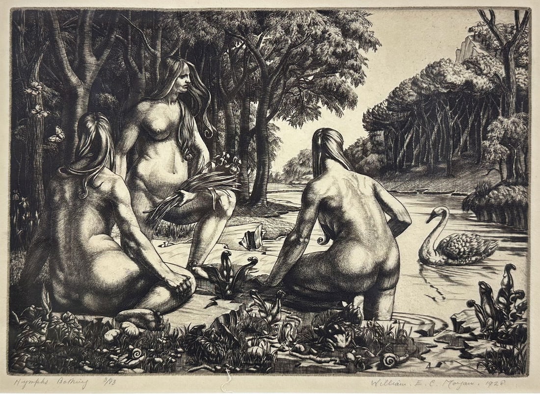 William Evan Charles Morgan "Nymphs Bathing" 1928 Engraving Framed Print: William Evan Charles Morgan (British, 1903-1979), "Nymphs Bathing", pencil signed, titled, numbered #3/83, and dated 1928 below image. Approx. sight size 8 1/2" x 11 3/4".For shipping, we highly recom