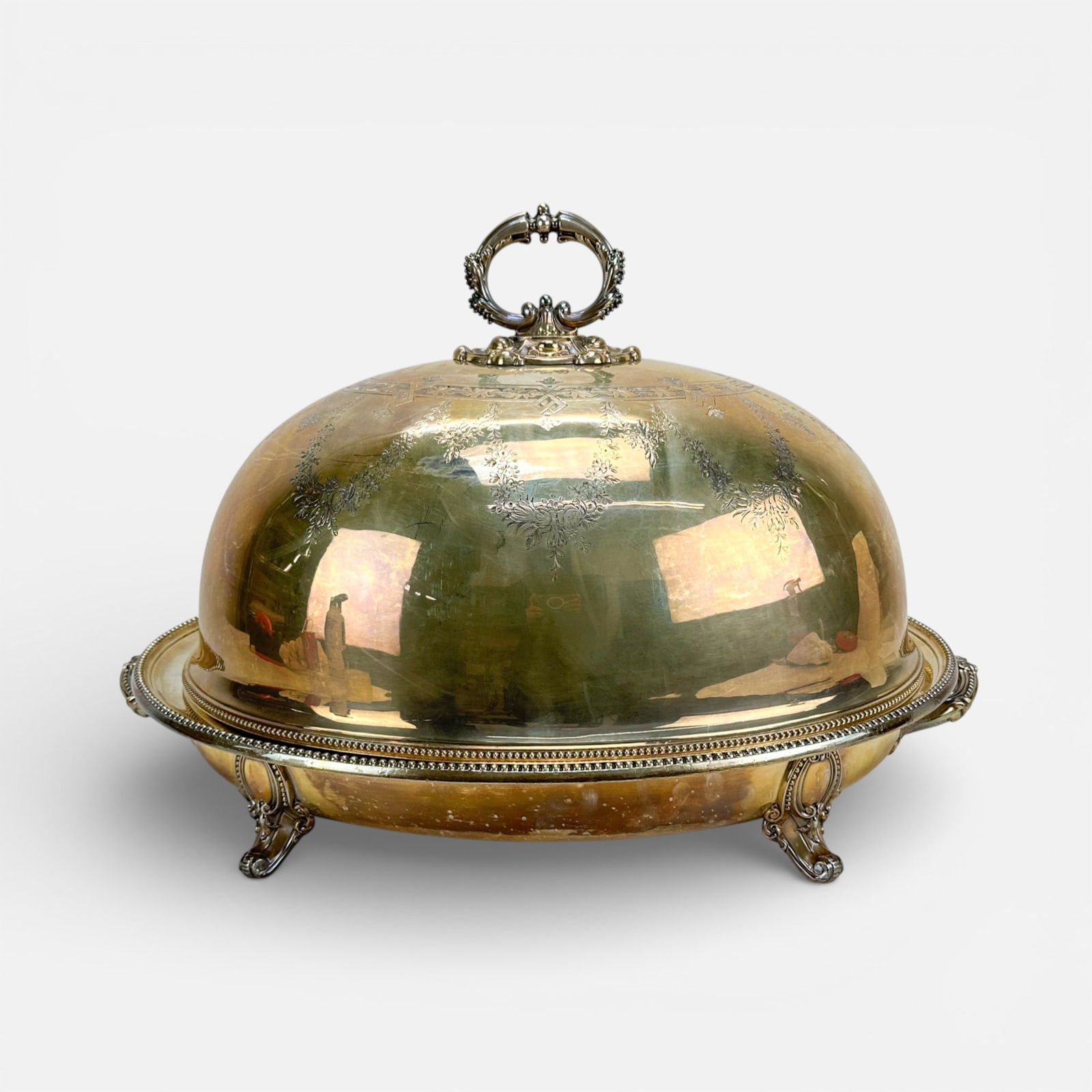 Antique 19thC Large Sheffield Silver Plate 2-Piece Meat Dome Over Footed Platter (1 of 10)