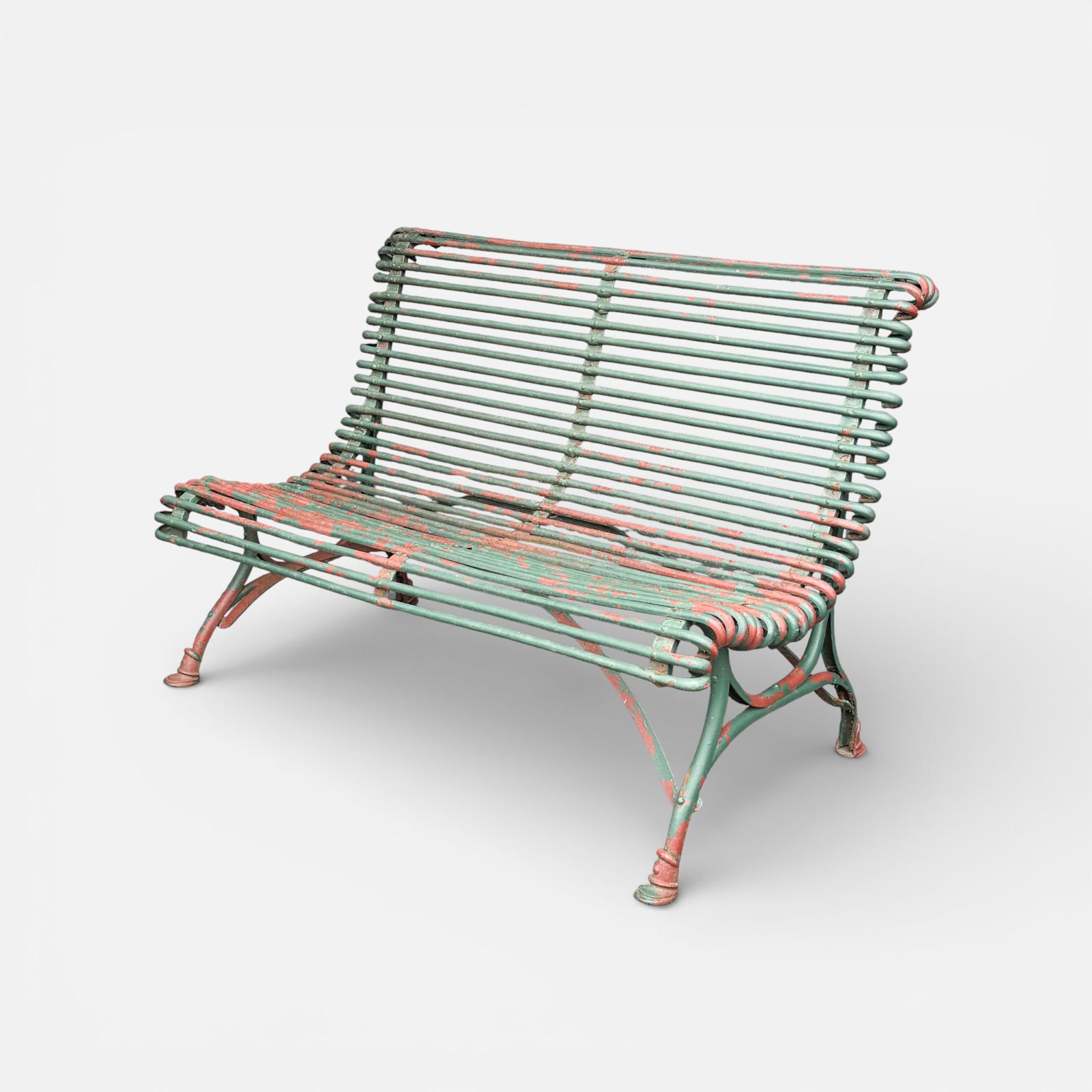 Antique French Vert-Painted Wrought Iron Arras Outdoor Garden 2-Seater Bench (1 of 11)