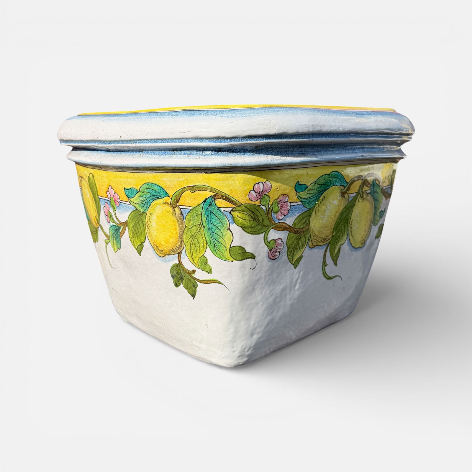 Large Italian Hand-Painted Deruta Square Stoneware Planter Jardiniere w/Lemons and Leaves #1 (1 of 9)