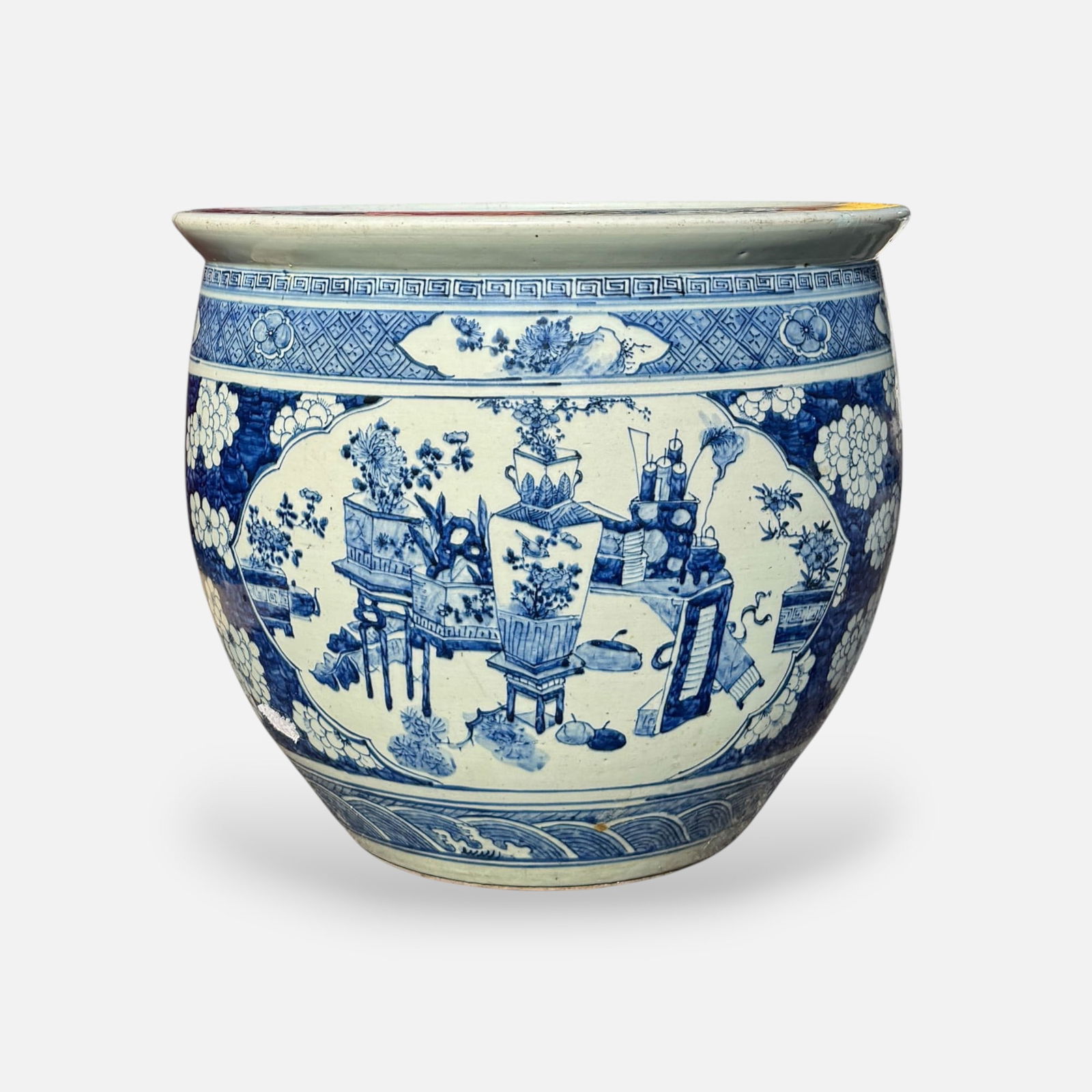 Antique 19thC Chinese Blue and White Round Porcelain Jardiniere w/Prunis Decoration (1 of 9)