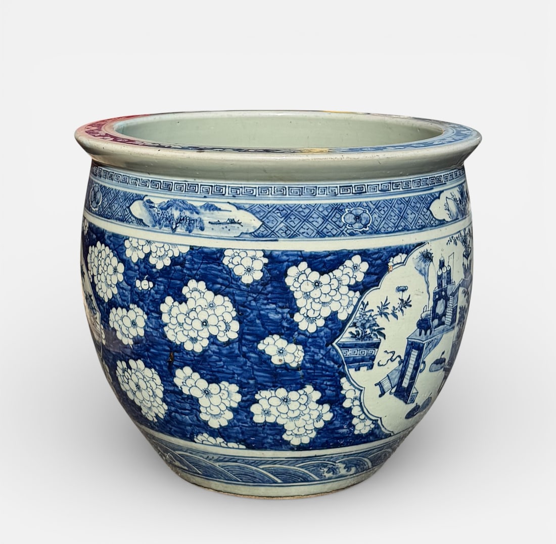 Antique 19thC Chinese Blue and White Round Porcelain Jardiniere w/Prunus Decoration - 2