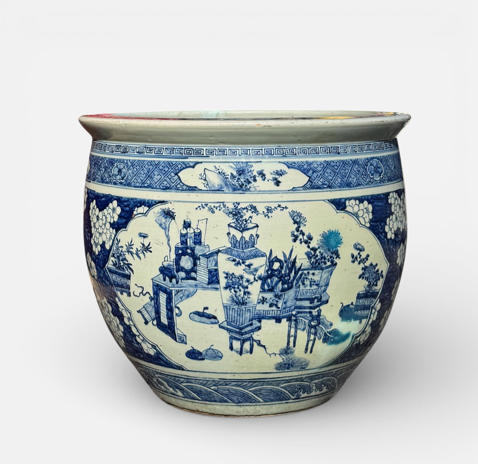 Antique 19thC Chinese Blue and White Round Porcelain Jardiniere w/Prunus Decoration - 3