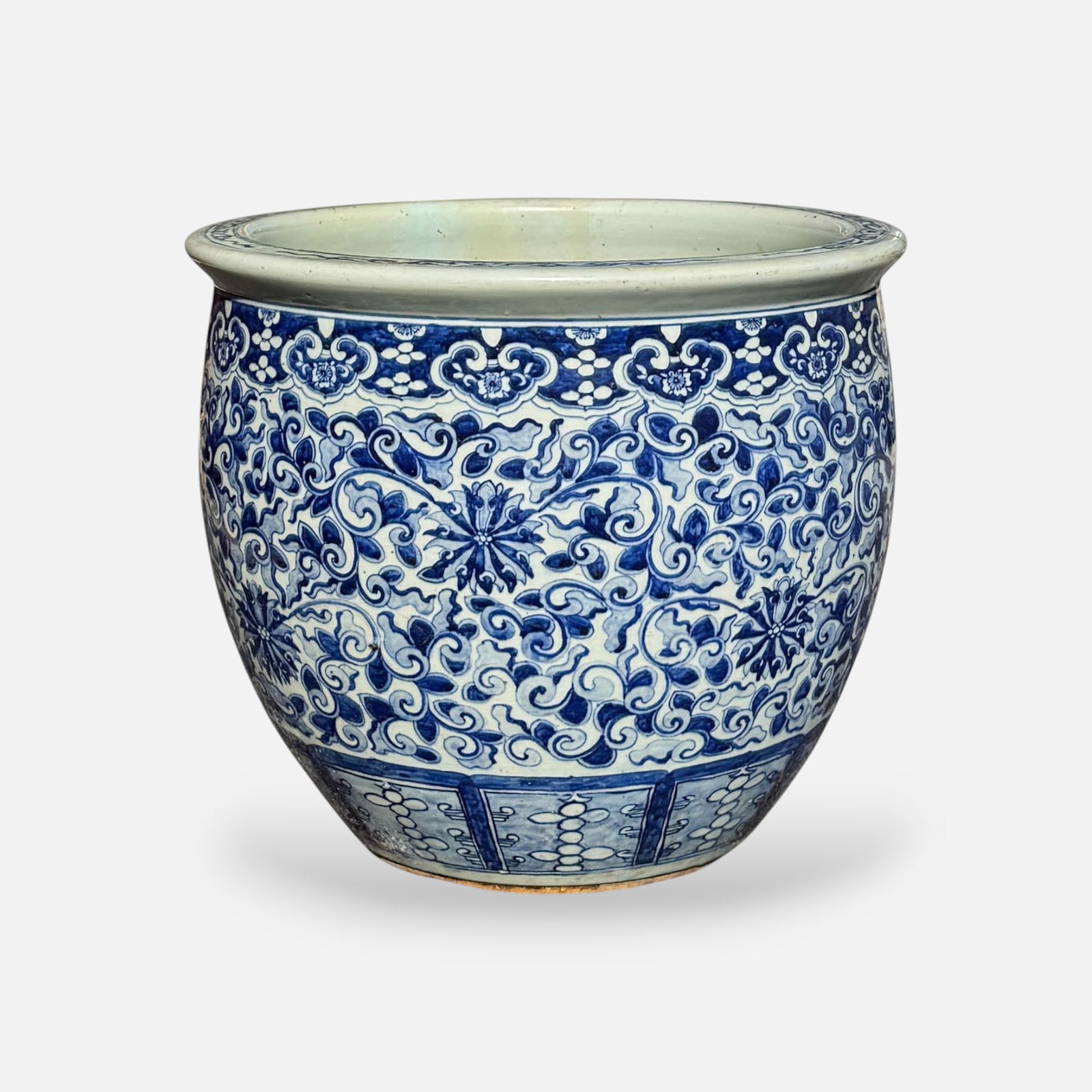 Antique 19thC Chinese Blue and White Porcelain Jardiniere w/Flowers and Waves Design (1 of 7)