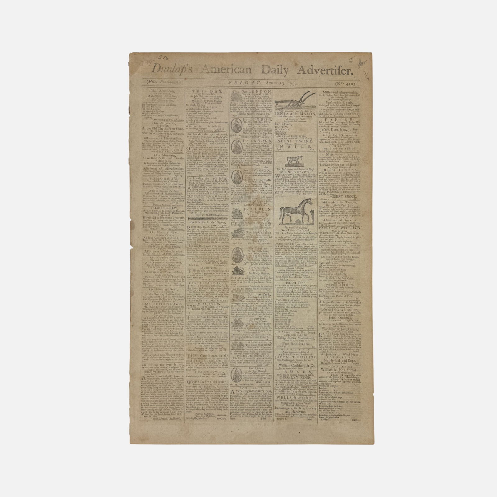 Dunlap's Daily Advertiser, Philadelphia April 13, 1792: For shipping, we highly recommend Donald Camden at UPS Store 4608. Alternatively, reach out to one of our preferred shippers listed at the link below or elect for LiveShipping in the checkout screen.