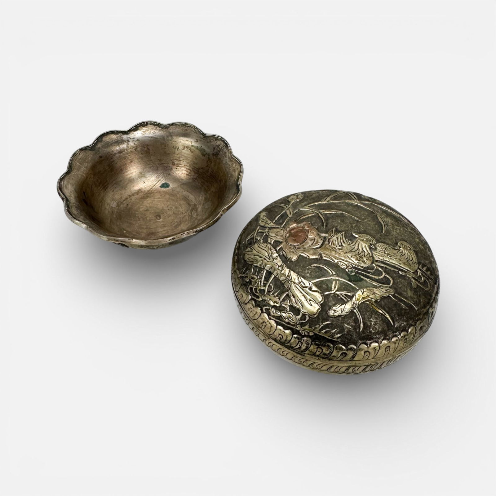 Antique Chinese Silver Plate Mandarin Duck Lidded Box and Dragon Bowl: Ca. 19thC. Included dimensions for bowl.For shipping, we highly recommend Donald Camden at UPS Store 4608. Alternatively, reach out to one of our preferred shippers listed at the link below or elect f