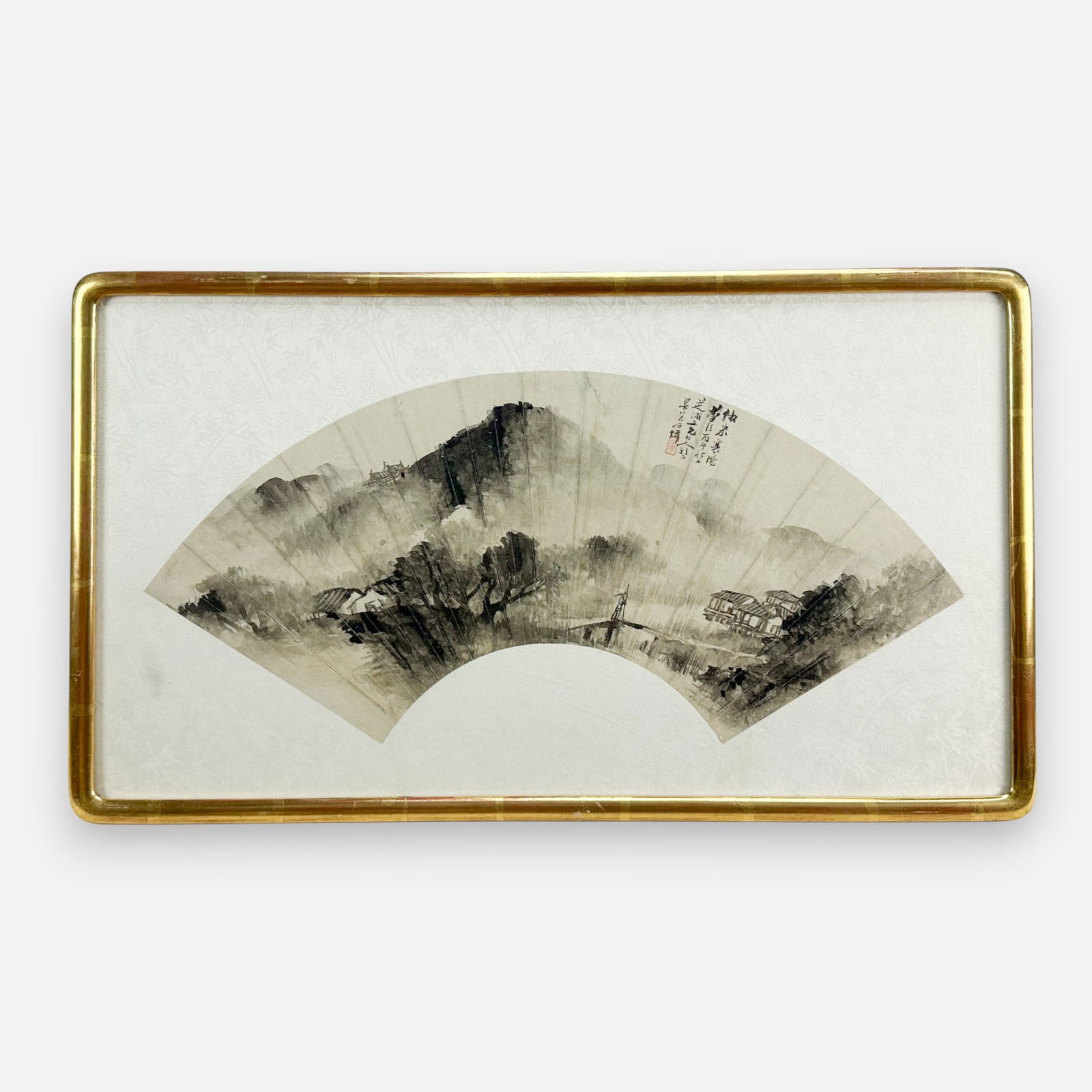 Vintage Early 20thC Chinese Ink on Paper Framed Folding Hand Fan-Leaf Painting: This framed work was originally a working hand fan that has been mounted on silk fabric and framed under glass as shown. Approx. painting size 9 1/4" x 20 1/4".For shipping, we highly recommend Donald