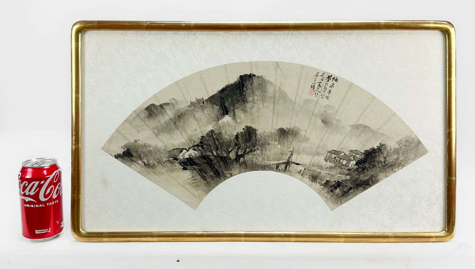 Vintage Early 20thC Chinese Ink on Paper Framed Folding Hand Fan-Leaf Painting - 2