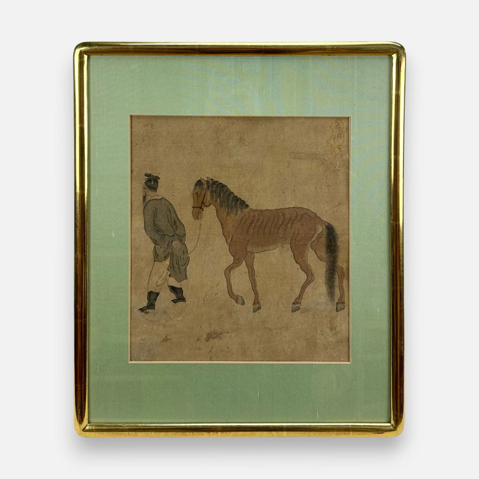 Antique Early 19thC Chinese Qing Ink with Color Painting Framed Drawing Emaciated Horse on Lead: Ca. 18th/19thC. Age-appropriate condition, with overall toning, shown minor holes, spots, and thinning. Framed, matted, and sealed under glass. Unexamined out of frame. Approx. sight size 12 1/4" x 10