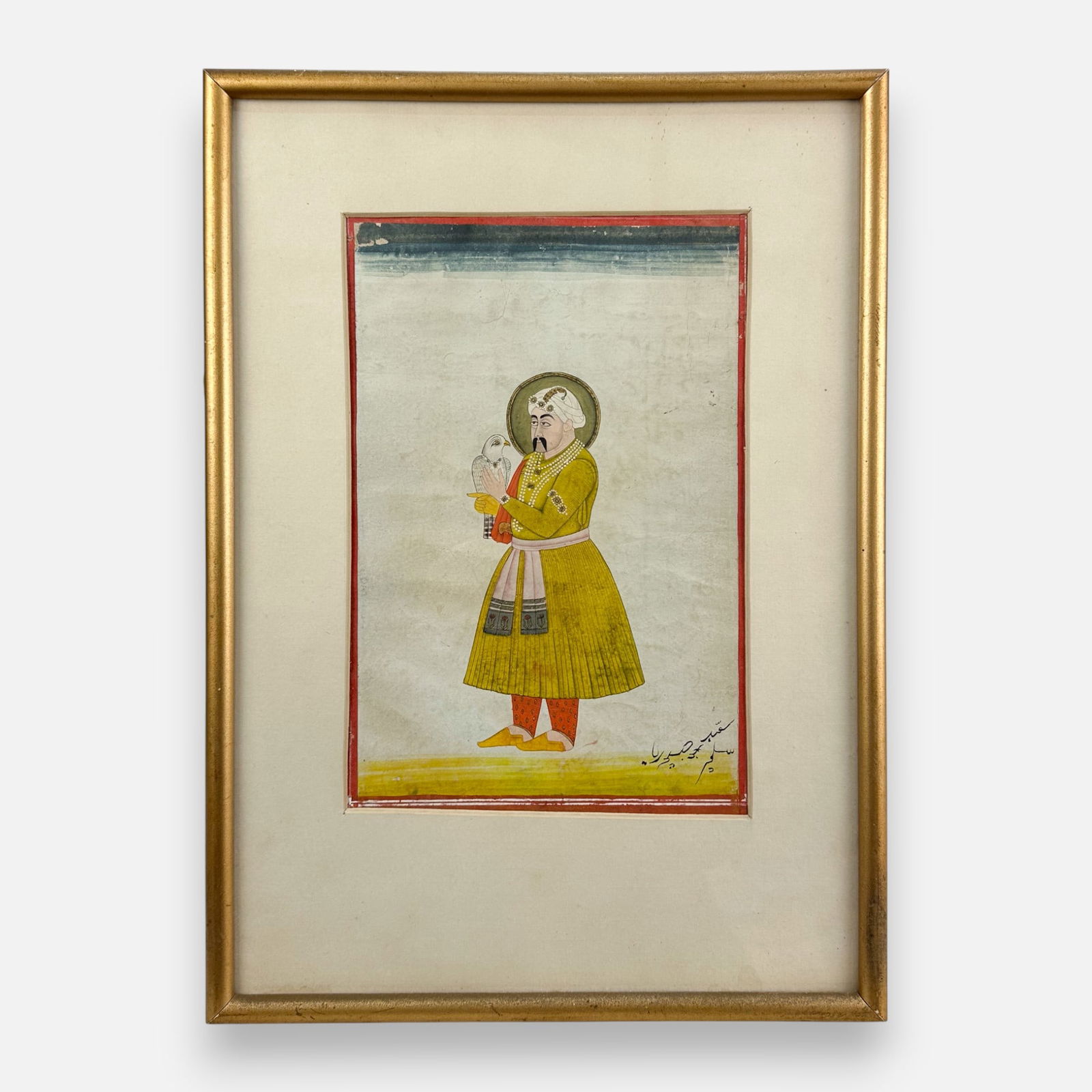 Antique Indian Mughal Watercolor Portrait of a Royal w/Falcon in Hand Framed Painting (1 of 6)