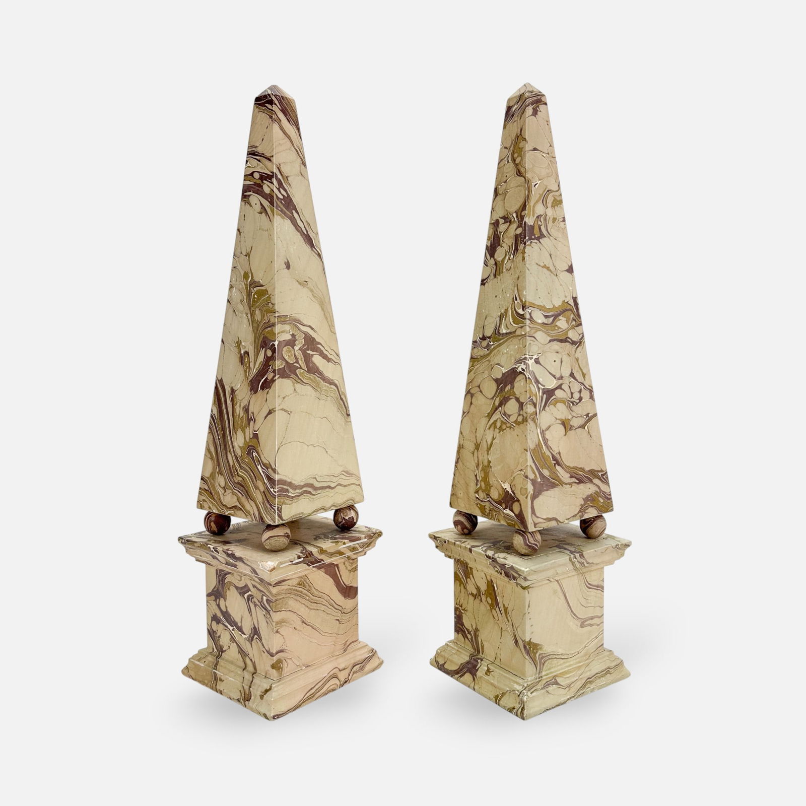 Pair Marbleized Carved Wood Table Top Classical Obelisk Sculptures (1 of 7)