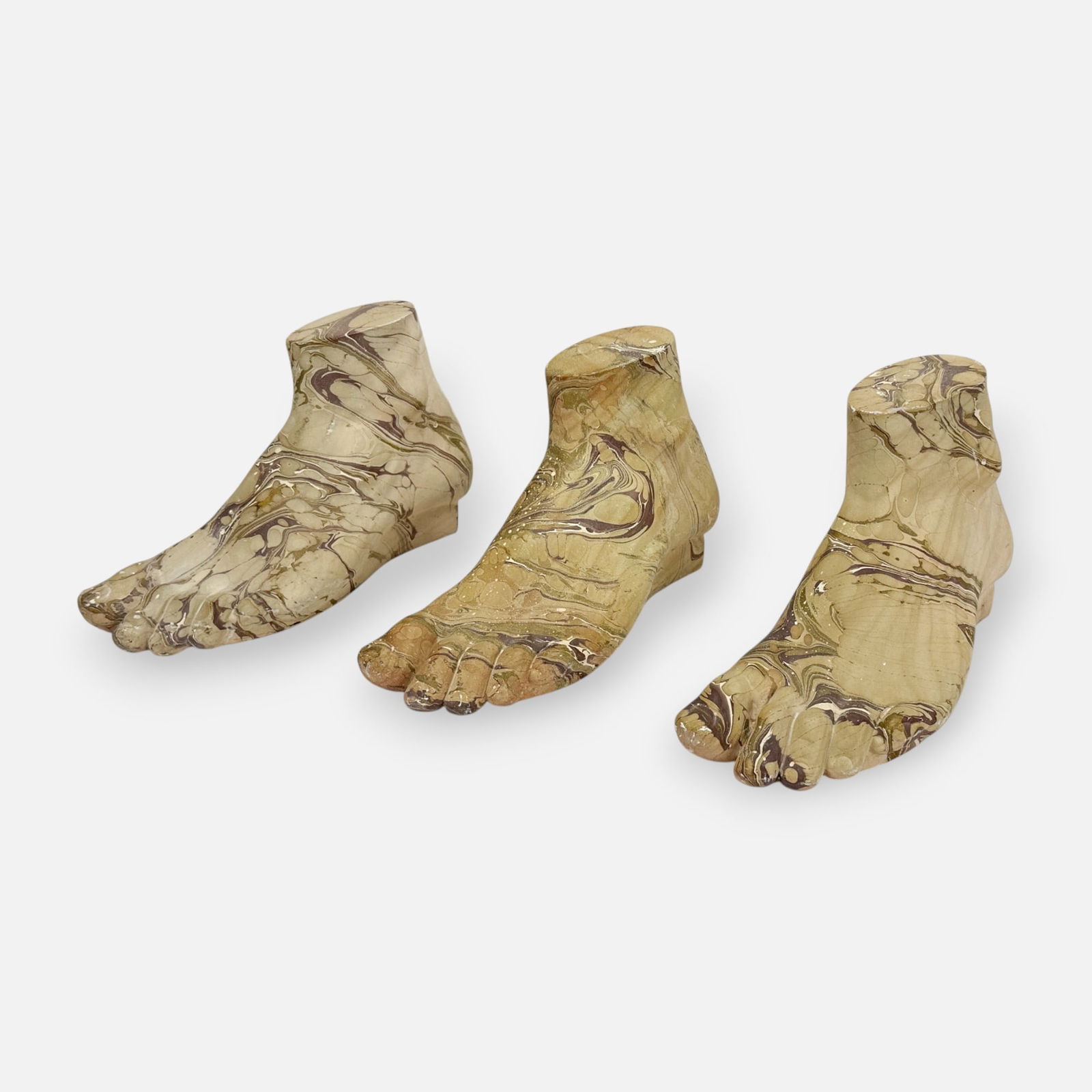 Set of Three Italian Marbleized Carved Wood Left Foot Ebru Sculptures (1 of 10)