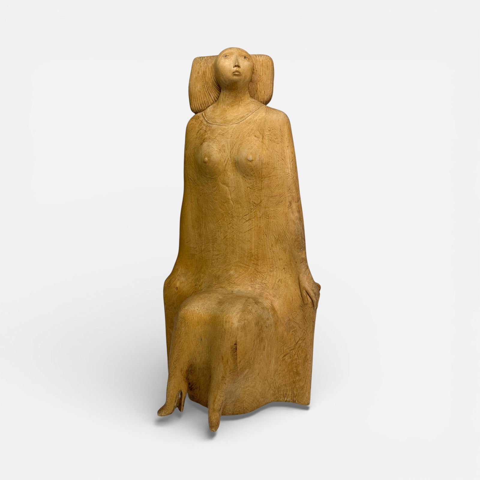 Guido Anton Muss 1987 Seated Woman Carved Wood Sculpture: Guido Anton Muss (Italian, 1941-2003), wood sculpture. Signed and dated as shown. Purchased Galleria d'Arte Moderna Ravagnan in the 1990s.For shipping, we highly recommend Donald Camden at UPS Store 4