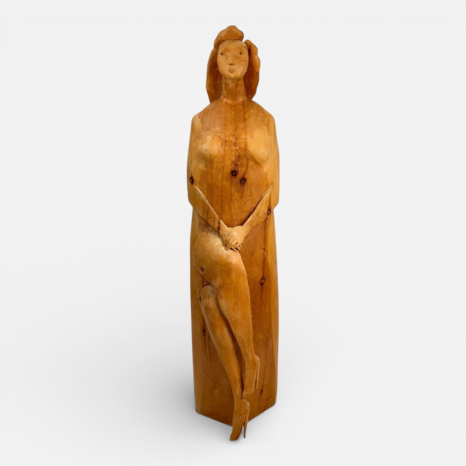 Guido Anton Muss 1989 Woman Crossing Legs Large Carved Wood Sculpture: Guido Anton Muss (Italian, 1941-2003), wood sculpture. Signed and dated as shown. Purchased for $8,000 Galleria d'Arte Moderna Ravagnan in the 1990s. For shipping, we highly recommend Donald Camden at