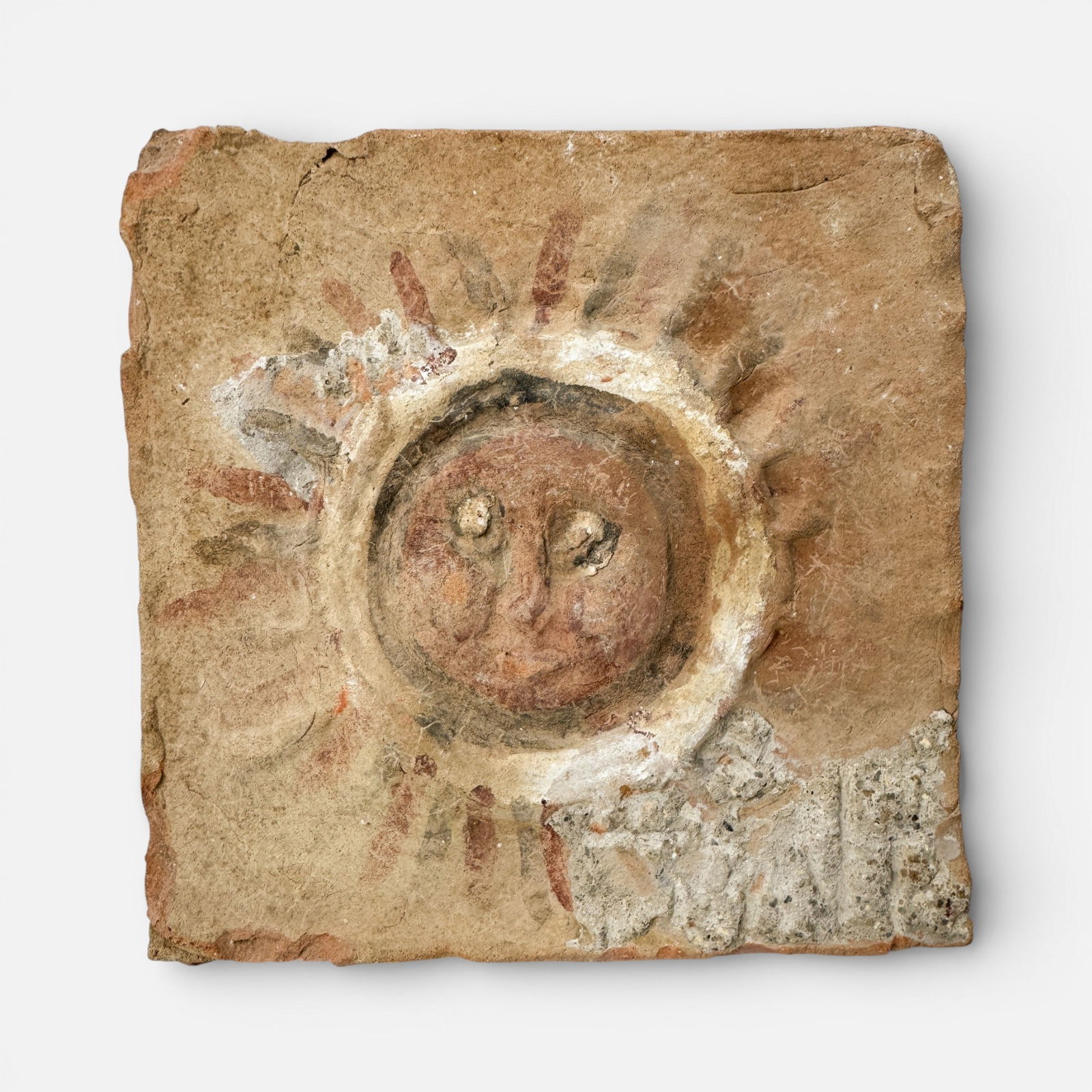 Ancient Byzantine Terracotta Wall Tile Depicting Face w/Sunburst Halo Early Greco-Roman Art: Ca. 6th century A.D. Byzantine, Tunisia. Measures approx. From the collection of Bernard C. Pickard, U.K.For shipping, we highly recommend Donald Camden at UPS Store 4608. Alternatively, reach out to