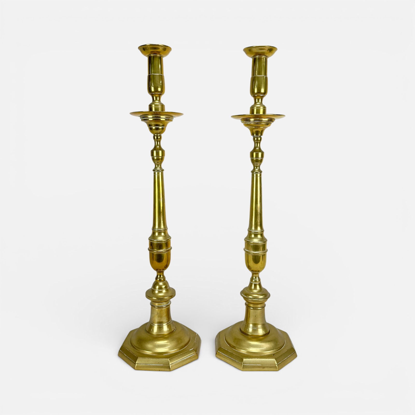 Pair Antique 19thC Tall Solid Brass Candlesticks for Altar or Doorway (1 of 6)