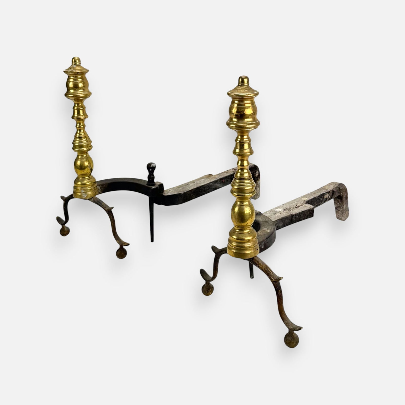Pair Antique 19thC American Brass and Iron Urn-Form Andirons: Ca. 19thC. Very good condition age-appropriate condition as shown.For shipping, we highly recommend Donald Camden at UPS Store 4608. Alternatively, reach out to one of our preferred shippers listed at