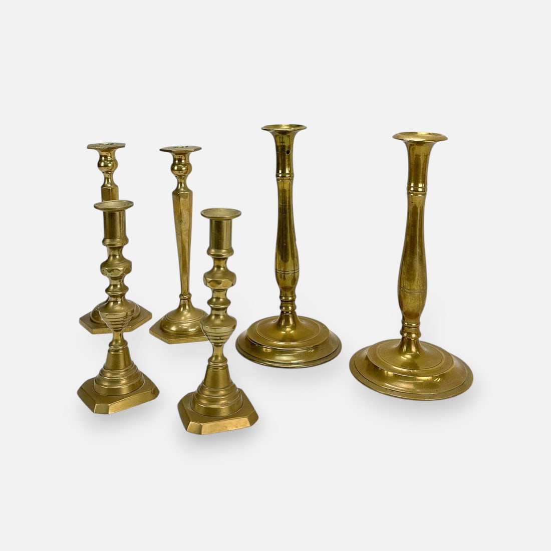 Three Pairs Antique 19th/20thC Solid Brass Candlesticks incl. Push-Up Sticks (1 of 4)