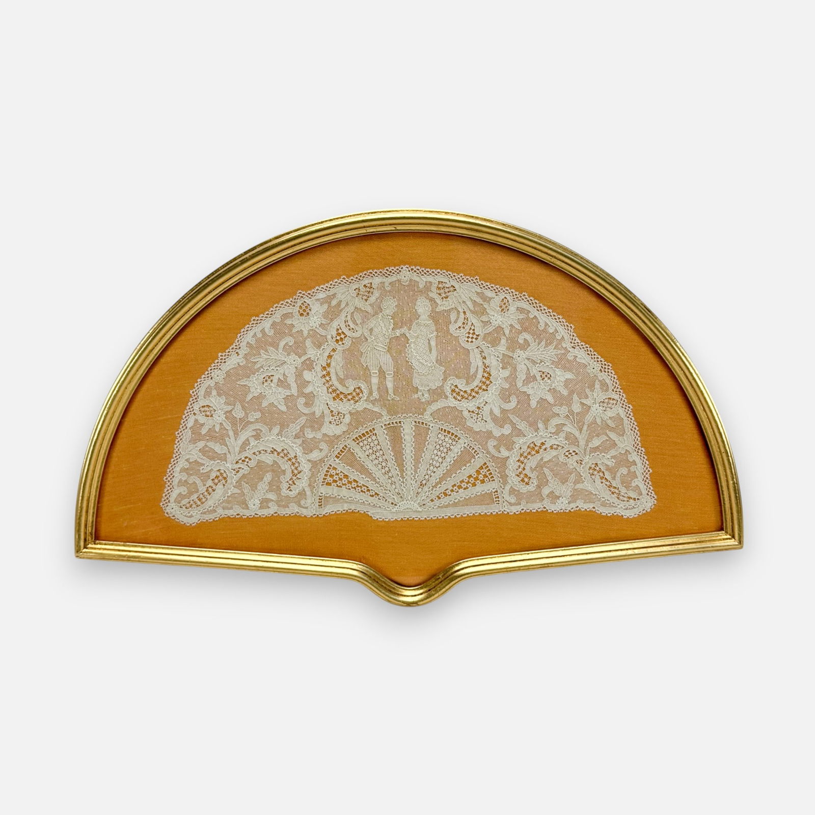 Antique 19thC Brussels Handmade Lace Framed Textile Fan-Shaped Embroidered Panel: Ca. early 19thC. Very good, unexamined out of frame. Appears to have no repairs. Approx. textile size 9 1/4" x 18".For shipping, we highly recommend Donald Camden at UPS Store 4608. Alternatively, rea