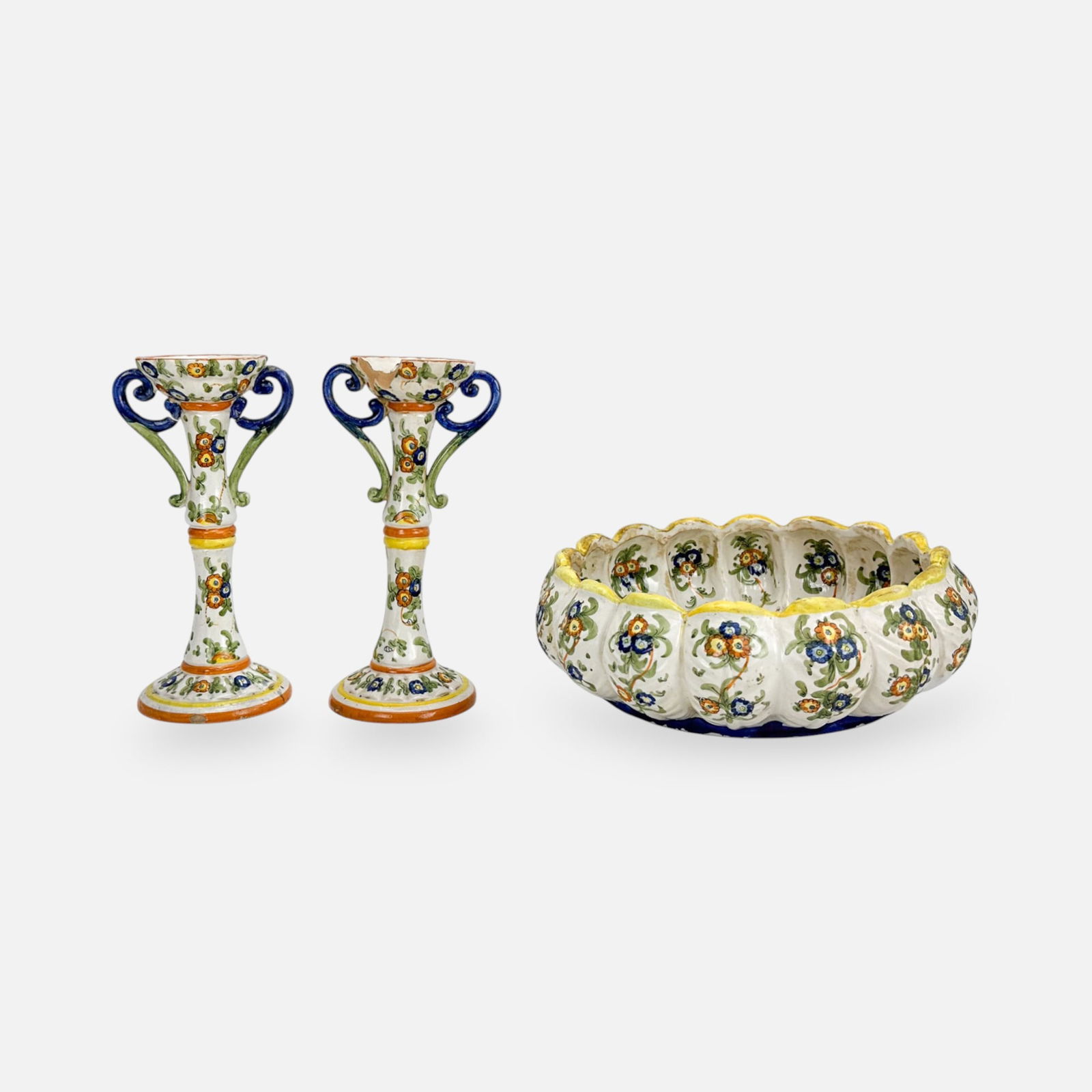 Italian Enameled Faience Art Pottery Lobed Centerpiece Bowl & Candlestick Pair (1 of 11)