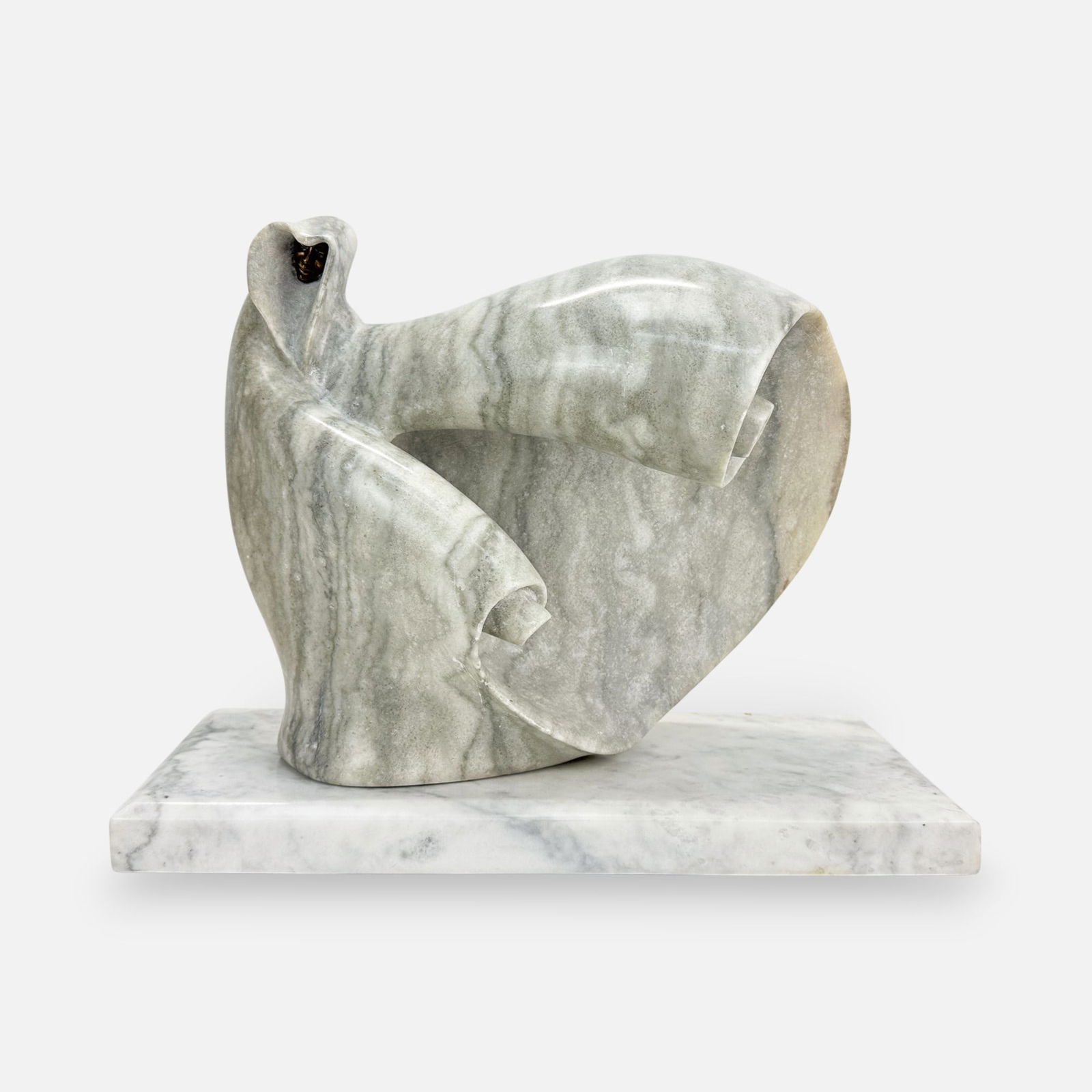 Lathrop Bullene Gay "Huntress of the Wind" Biomorphic Robed Figure Marble & Bronze Sculpture: Lathrop Bullene Gay (American, 1925 - 2011), Huntress of the Wind, marble and bronze sculpture, signed "Bullene" as shown. Good, with minor surface scuffs. No chips, cracks, or repairs. For shipping,