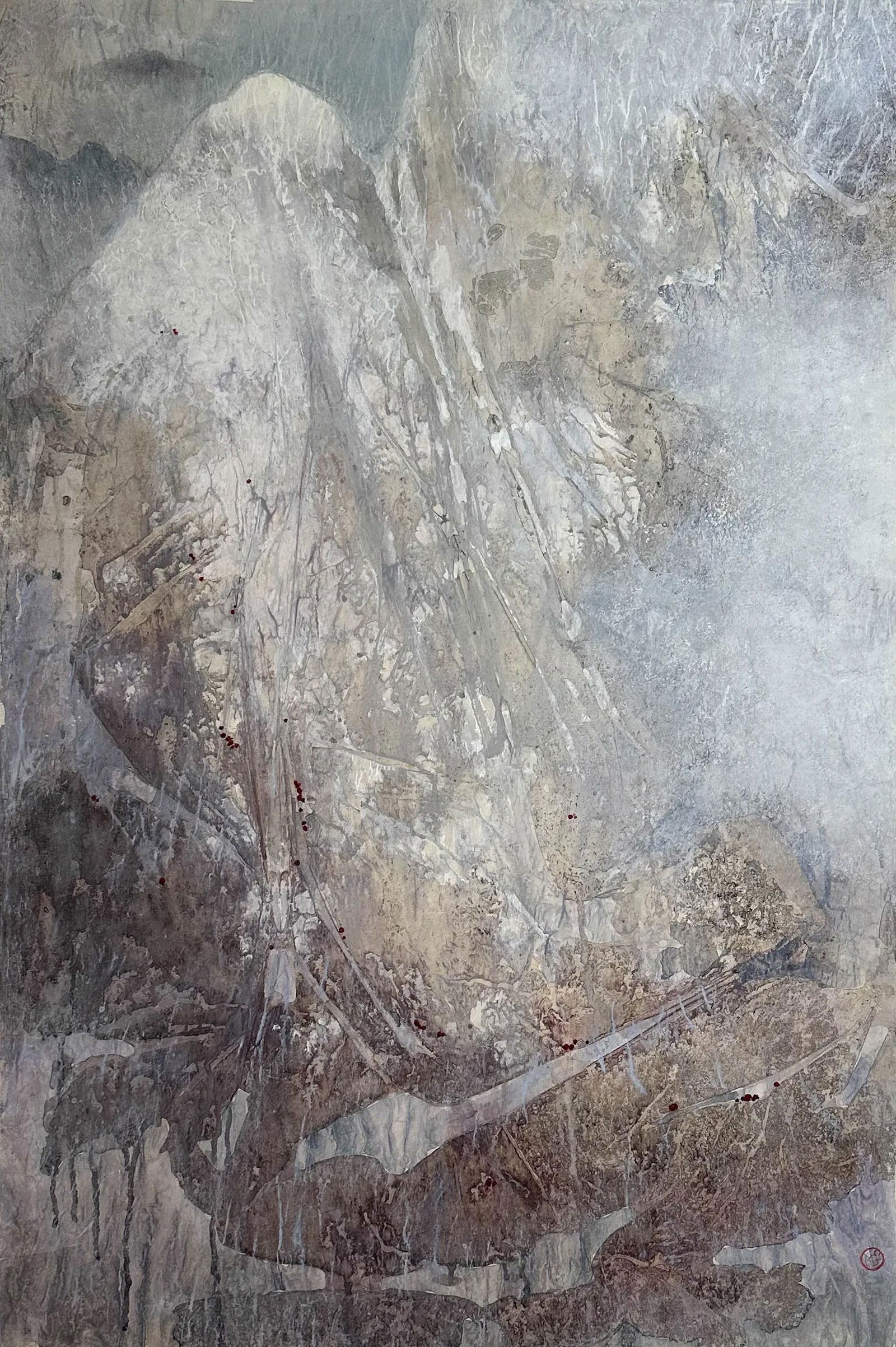 Yang Yanping "Thaw" Original Chinese Modernist Ink and Color Wash on Rice Paper Painting: Yang Yanping (Chinese, b. 1934), "THAW", ink and color wash on rice paper, signed with artist seal lower right. Good as shown, with minor loss to edges of rice paper not affecting painting, 2" tear lo