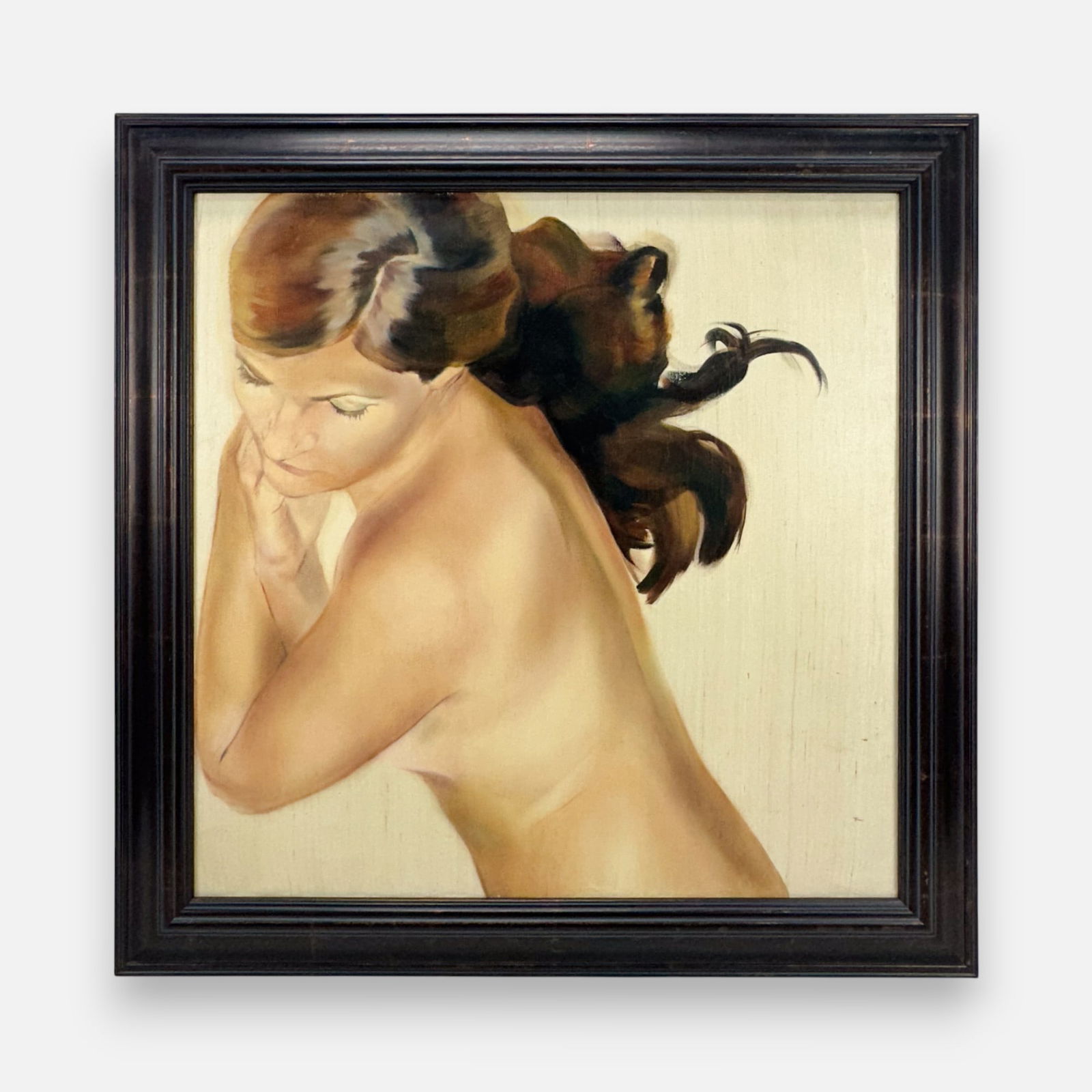 Nude Woman 43" Acrylic on Canvas Quarter Portrait Painting Framed: Apparently unsigned. Good condition as shown. Approx. sight size 35" x 35".For shipping, we highly recommend Donald Camden at UPS Store 4608. Alternatively, reach out to one of our preferred shippers