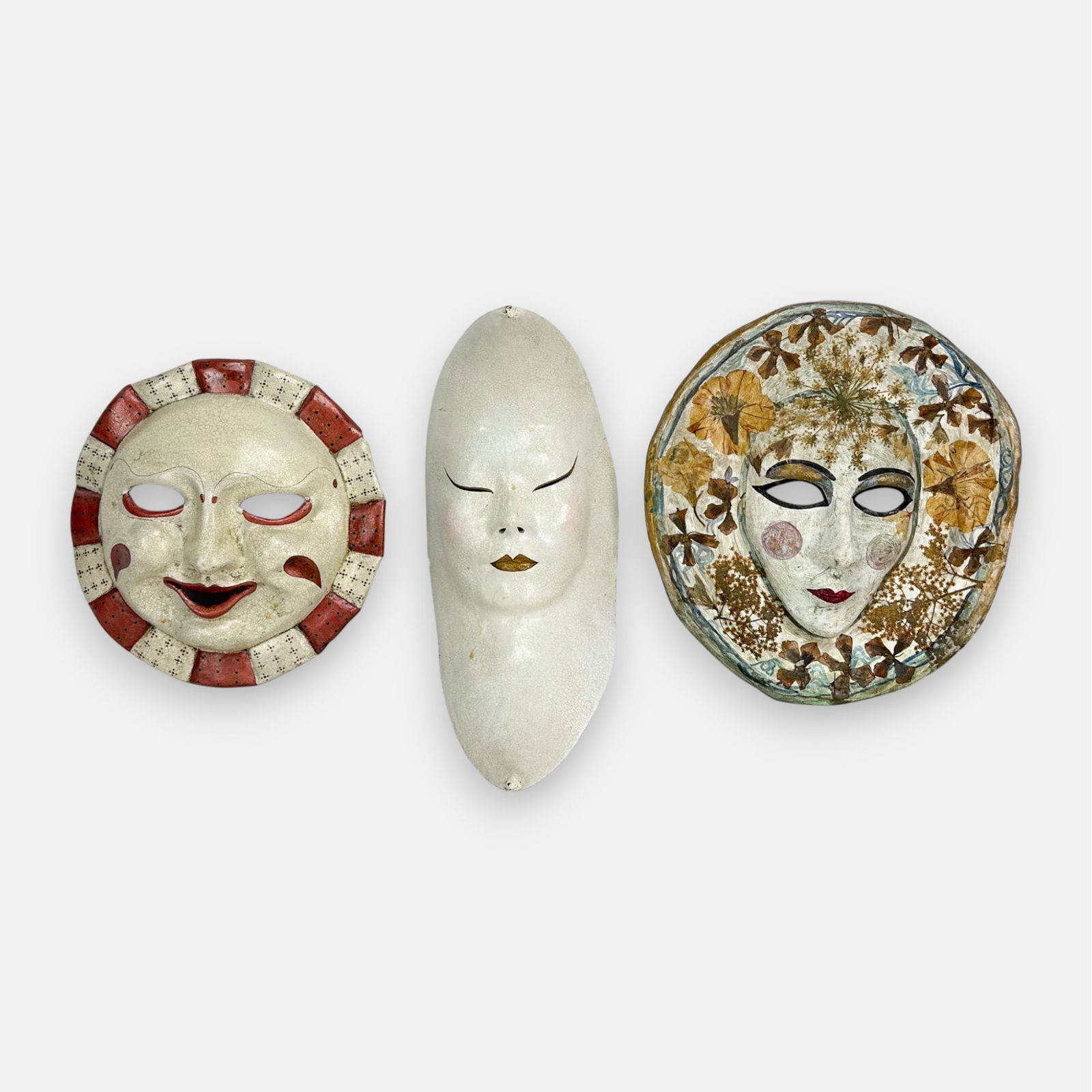 Three 1980s Venetian Masquerade Handmade Paper Mache Artist Signed Painted Sun & Moon Masks (1 of 8)