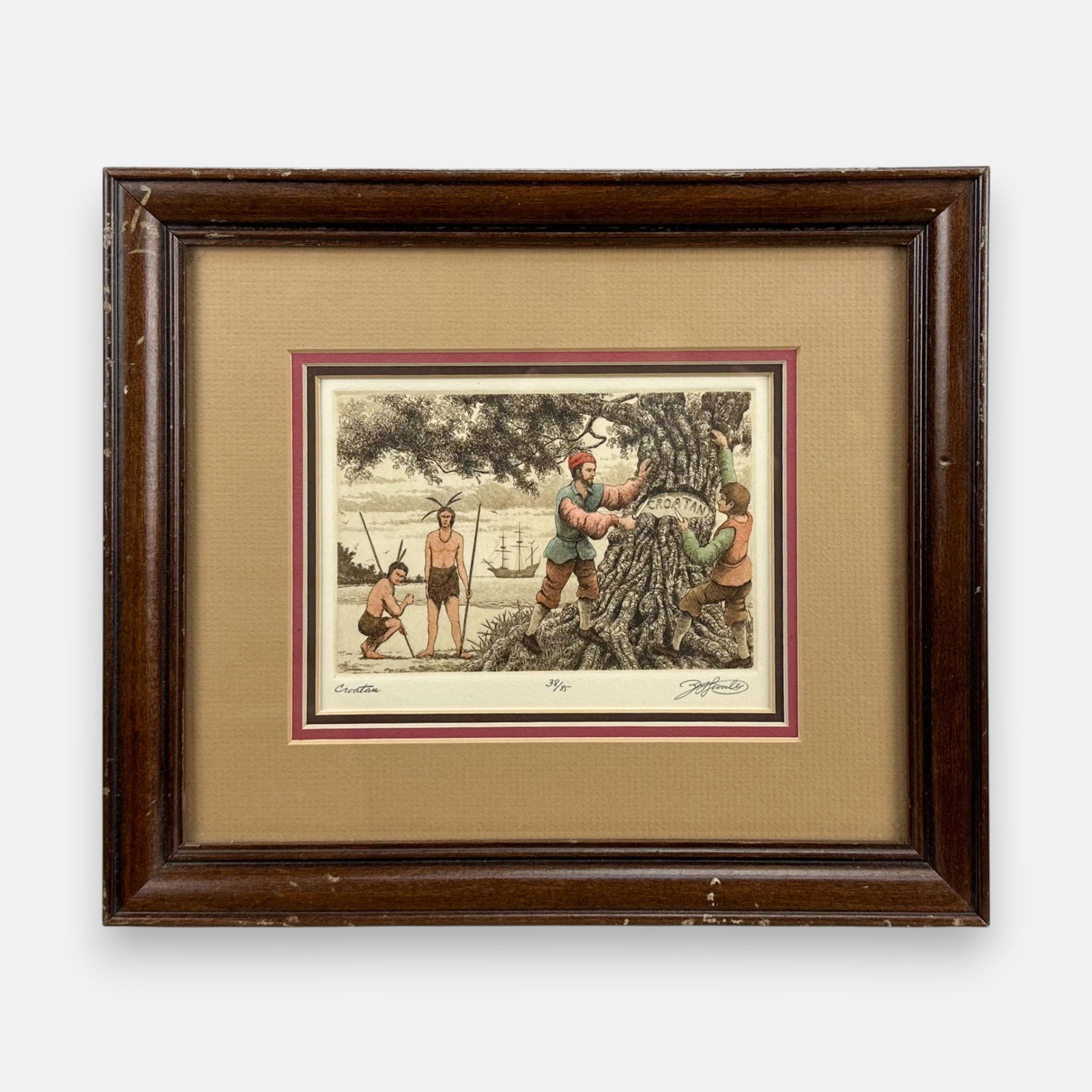 David Hunter "Croatan" Roanoke Colony Framed Print: Pencil signed, numbered #38/85, and titled "Croatan" below image. Approx. sight size 4 3/4" x 6 1/4". Very good sight condition, unexamined out of frame.For shipping, we highly recommend Donald Camden