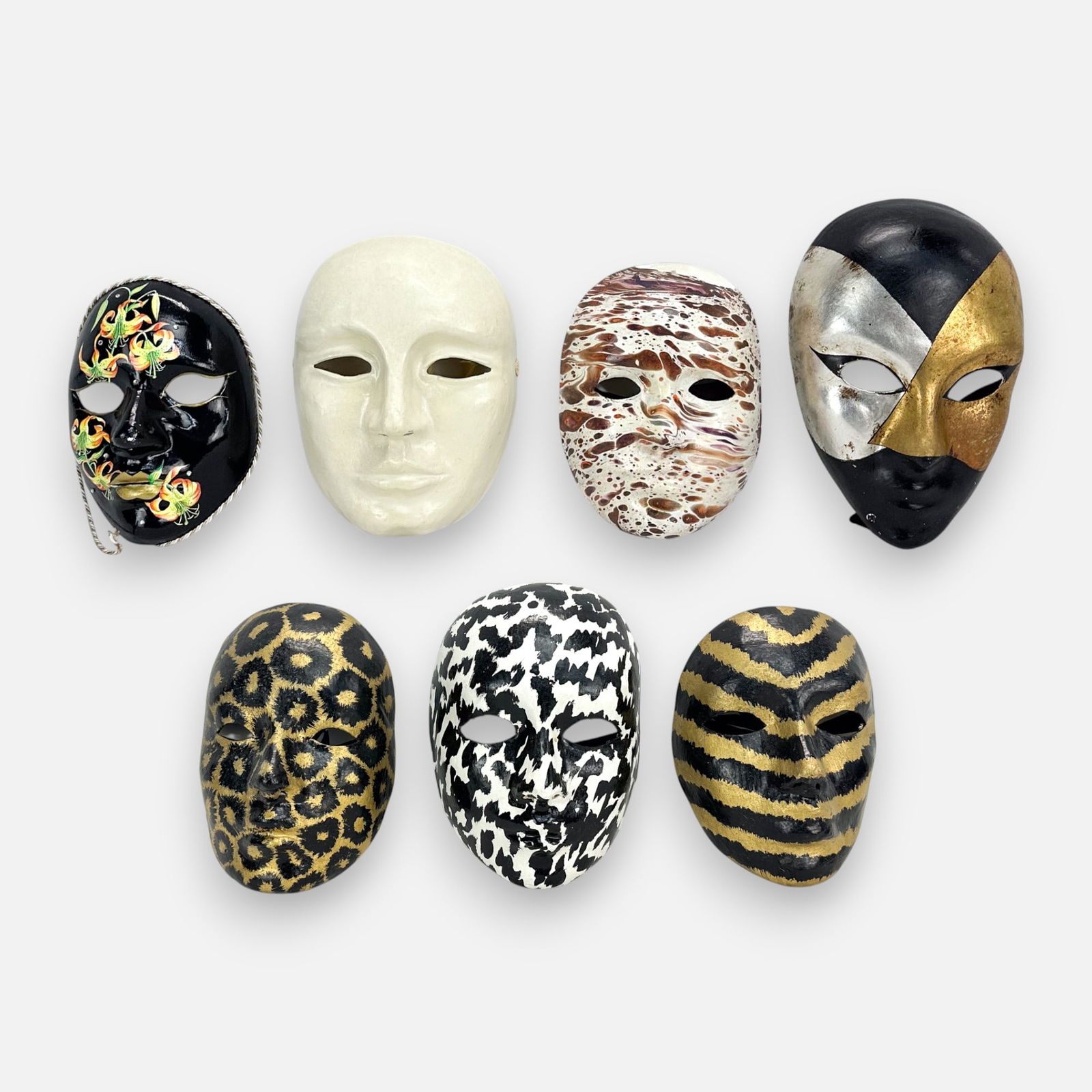 Seven 1980s Venetian Masquerade Handmade Molded Paper Mache Simple Patterns Painted Face Masks (1 of 10)