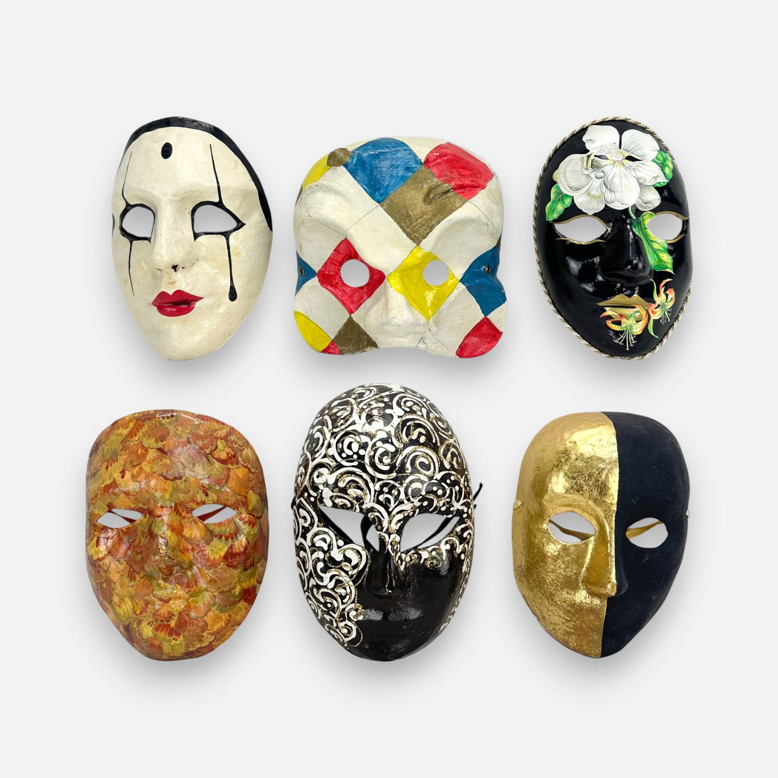 Six 1980s Venetian Masquerade Handmade Molded Paper Mache Classic Patterns Painted Face Masks (1 of 7)