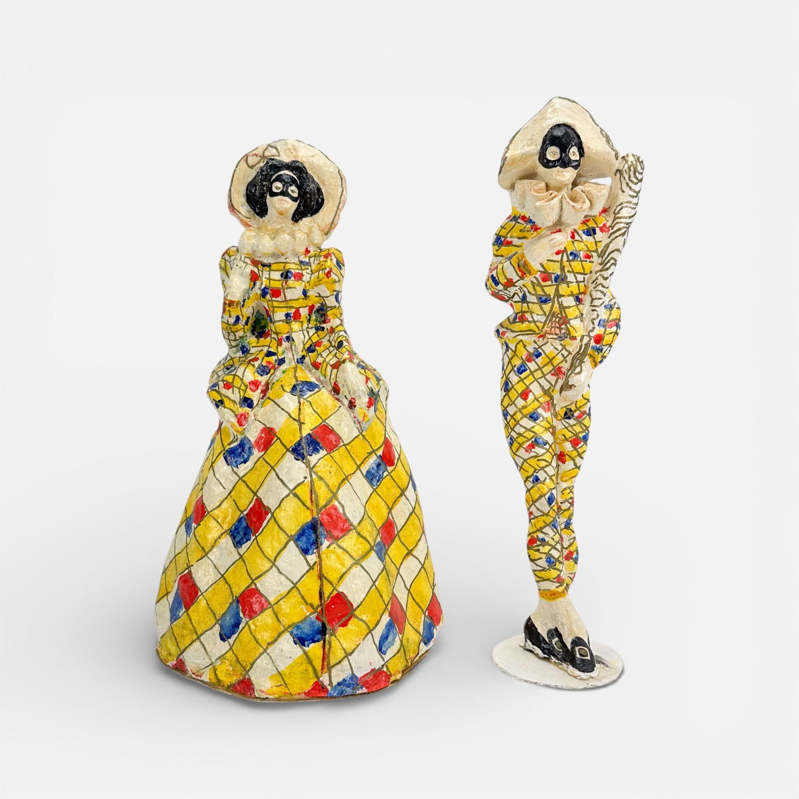 Two Vintage Venetian Hand Modeled & Painted Paper Mache Harlequin Masquerade Figurines (1 of 5)