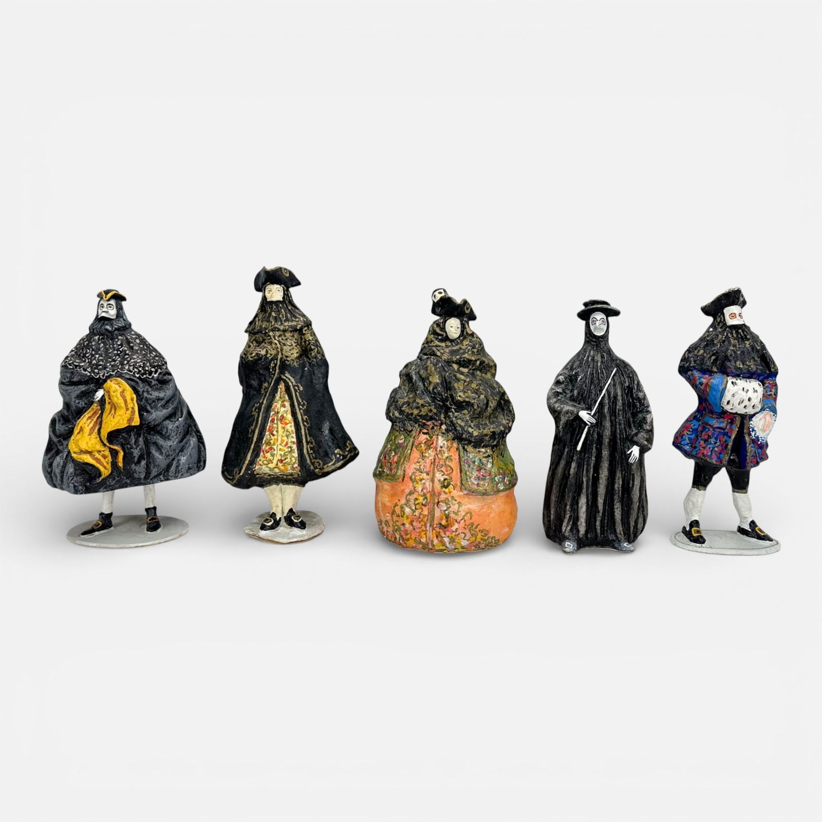 Five Vintage Venetian Hand Modeled & Painted Paper Mache Theater & Opera Figurines, Plague Doctor: Plague doctor is 11.5 inches tall, 4.25 inches wide, and 3 inches deep.For shipping, we highly recommend Donald Camden at UPS Store 4608. Alternatively, reach out to one of our preferred shippers list