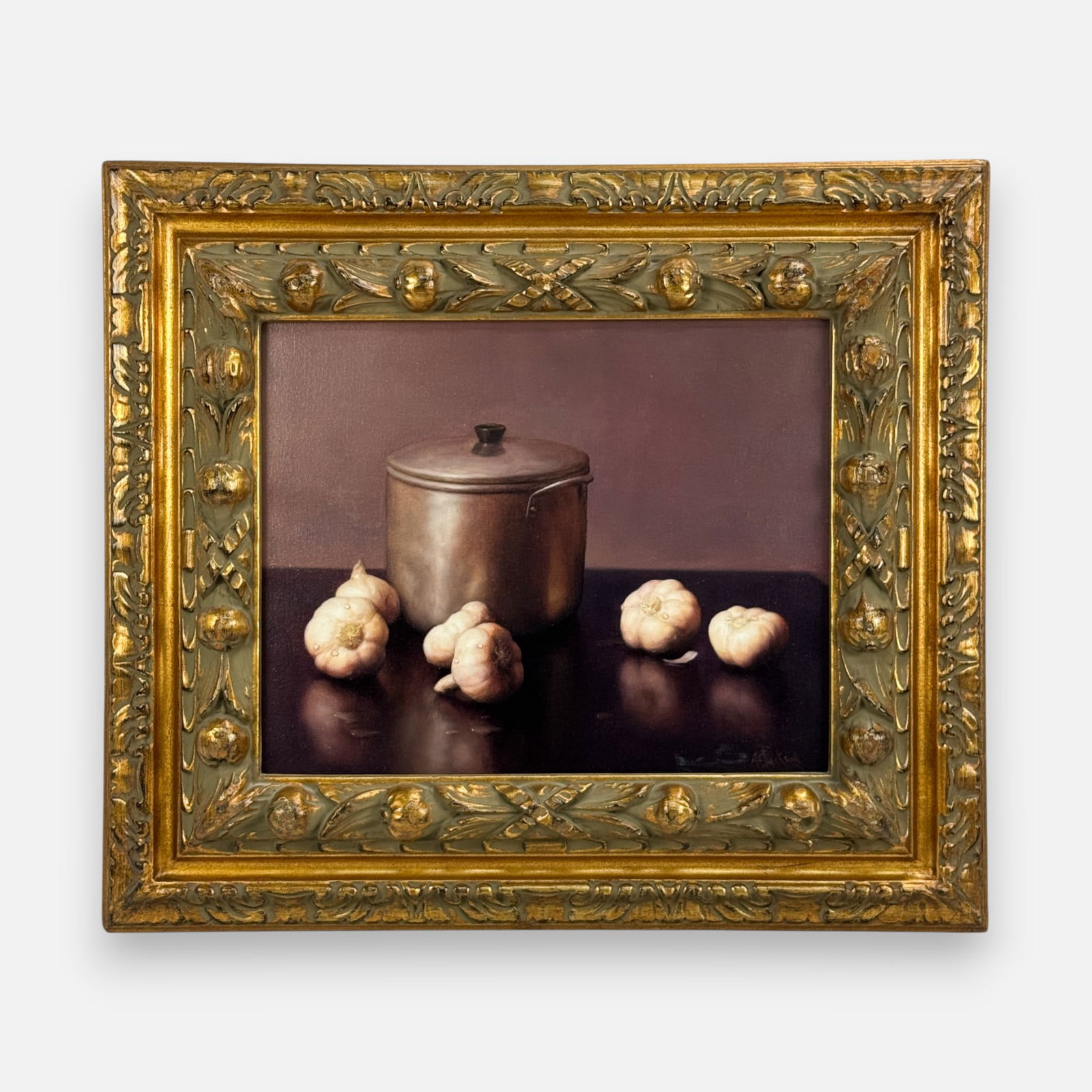 Alfred Jackson Garlic & Stock Pot Still Life Oil on Canvas Painting Framed: Al (Alfred) Jackson (American, 1940-2001), signed "Al Jackson" lower right. Approx. stretcher size 20" x 16".For shipping, we highly recommend Donald Camden at UPS Store 4608. Alternatively, reach out