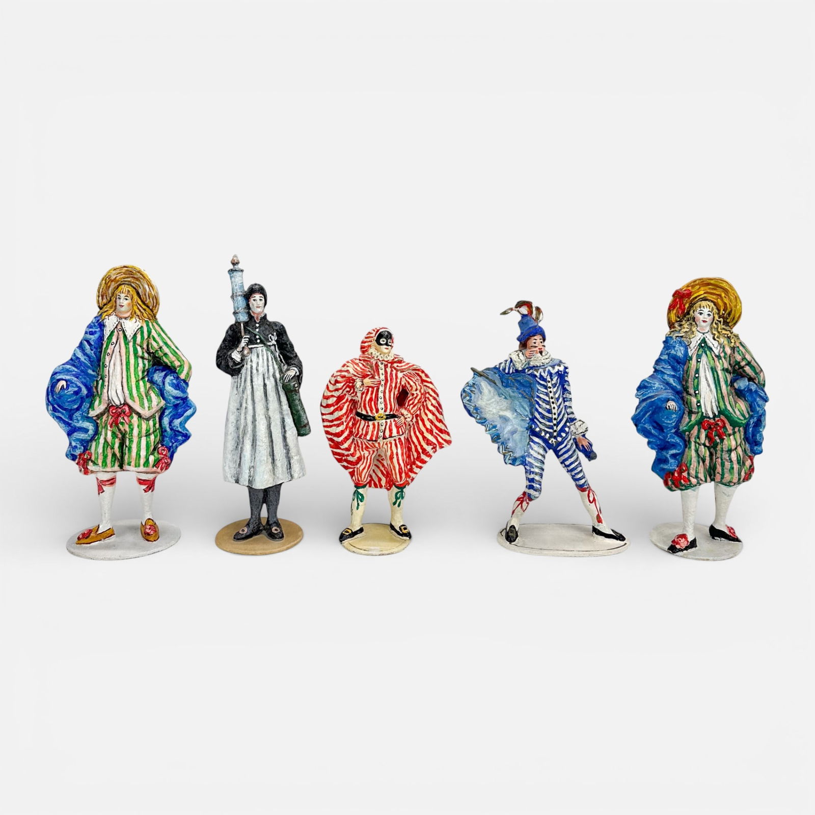 Five Vintage Venetian Hand Modeled & Painted Paper Mache Theater & Opera Figurines Striped Costumes (1 of 8)