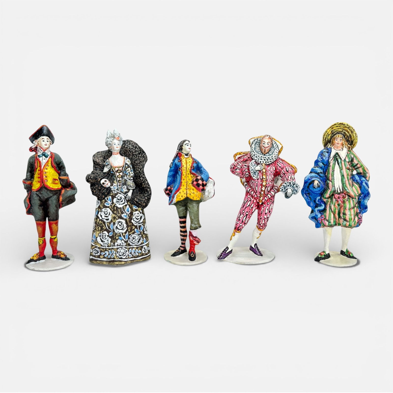 Five Vintage Venetian Hand Modeled & Painted Paper Mache Theater & Opera Figurines, Stenterello: Lady is 11 inches tall, 5.5 inches wide, and 3.5 inches deep.For shipping, we highly recommend Donald Camden at UPS Store 4608. Alternatively, reach out to one of our preferred shippers listed at the