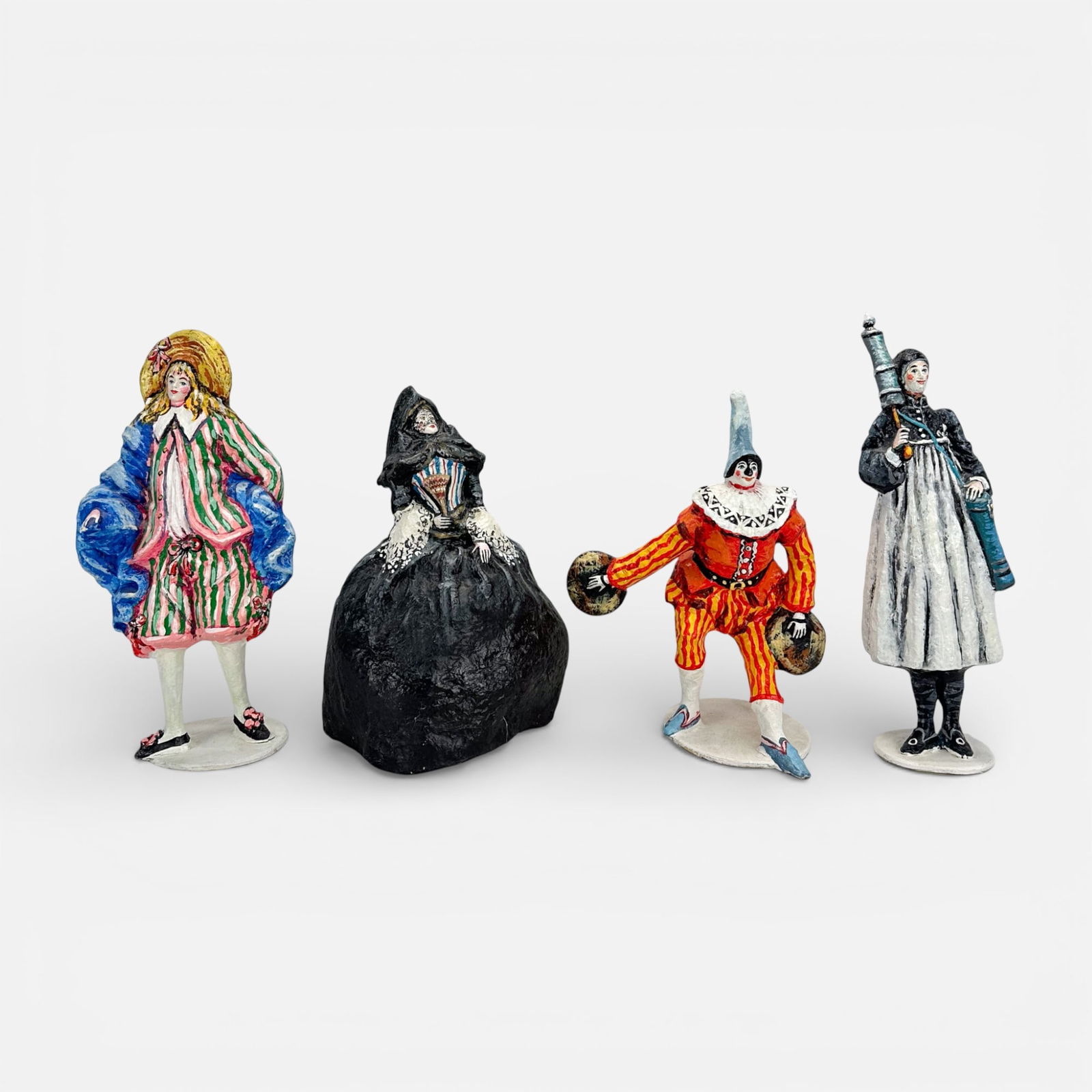 Four Vintage Venetian Hand Modeled & Painted Paper Mache Theater & Opera Spanish Lace Figurines: Veiled widow is 9.5 inches tall, 6 inches wide, and 7 inches deep.For shipping, we highly recommend Donald Camden at UPS Store 4608. Alternatively, reach out to one of our preferred shippers listed at