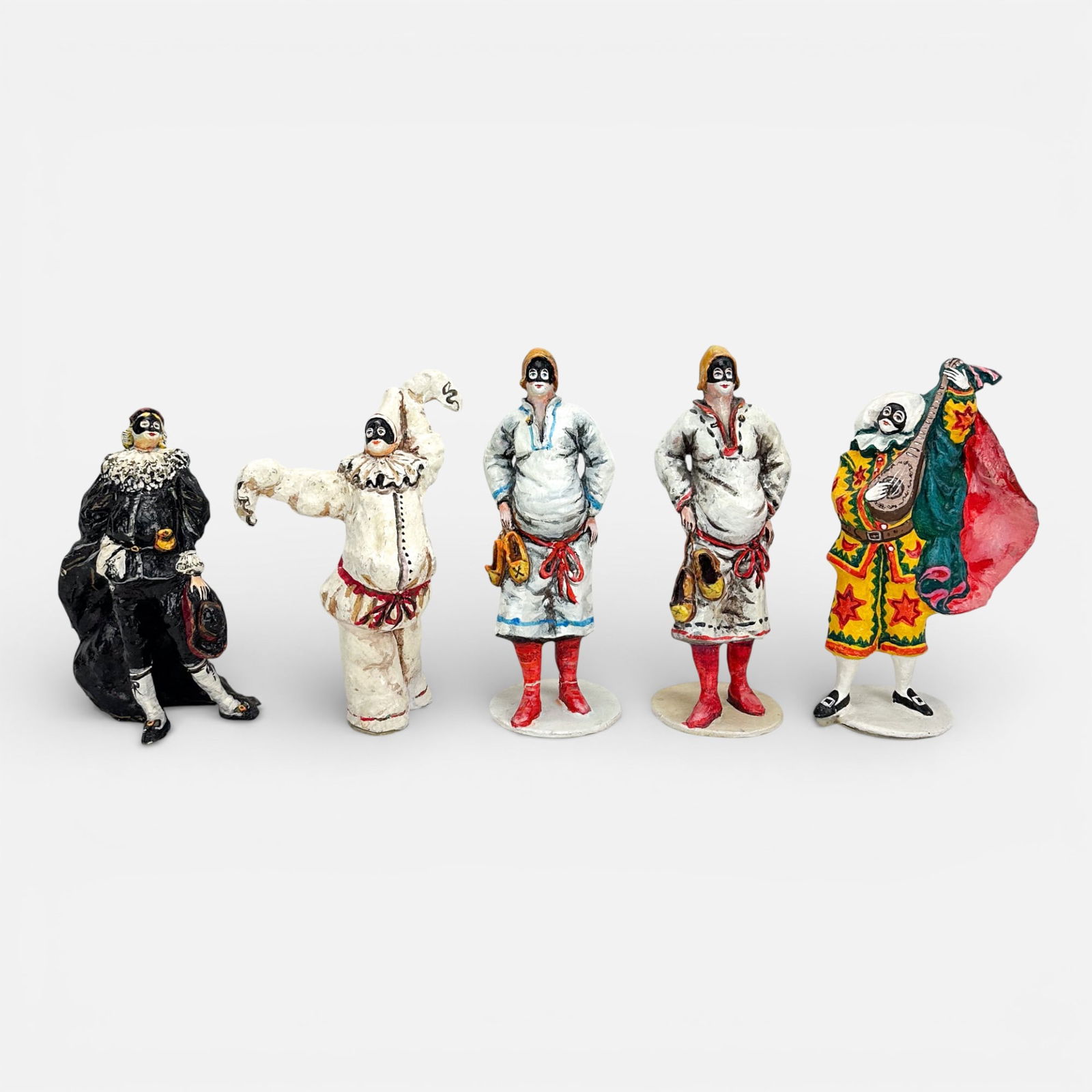 Five Vintage Venetian Hand Modeled & Painted Paper Mache Black Mask Harlequin Theater Figurines (1 of 7)