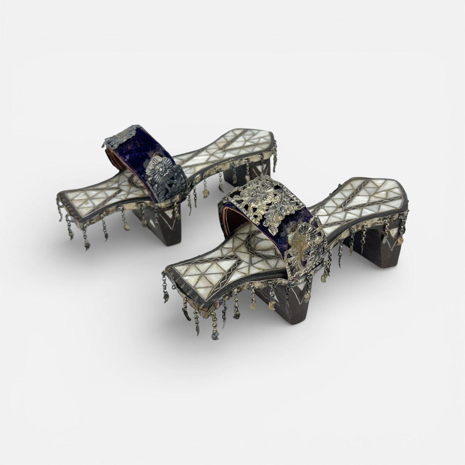 Antique Turkish/Ottoman Carved Wood & Repousse Silver w/MOP Inlay "Nalin" Bath Clogs #3: Fair with shown loss and wear.For shipping, we highly recommend Donald Camden at UPS Store 4608. Alternatively, reach out to one of our preferred shippers listed at the link below or elect for LiveShi